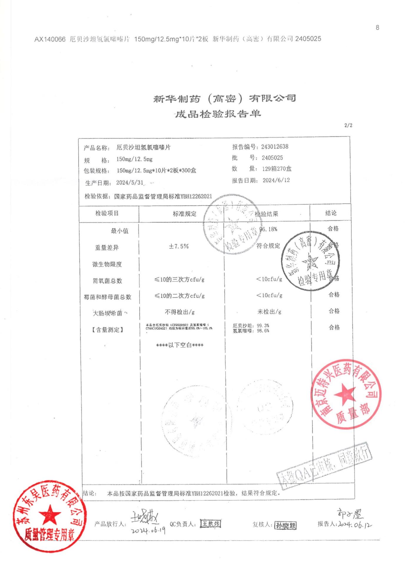 2405025厄贝沙坦氢氯噻嗪片2
