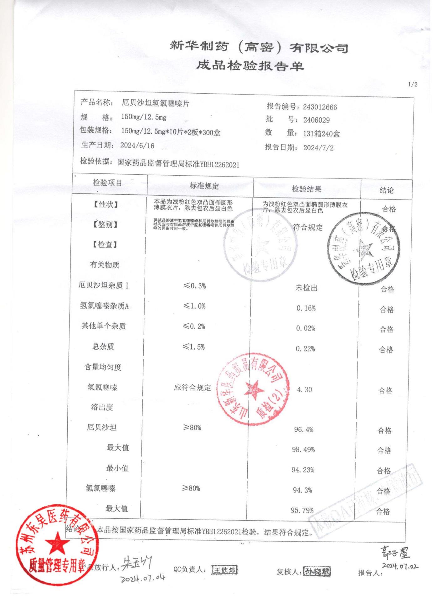 2406029厄贝沙坦氢氯噻嗪片1