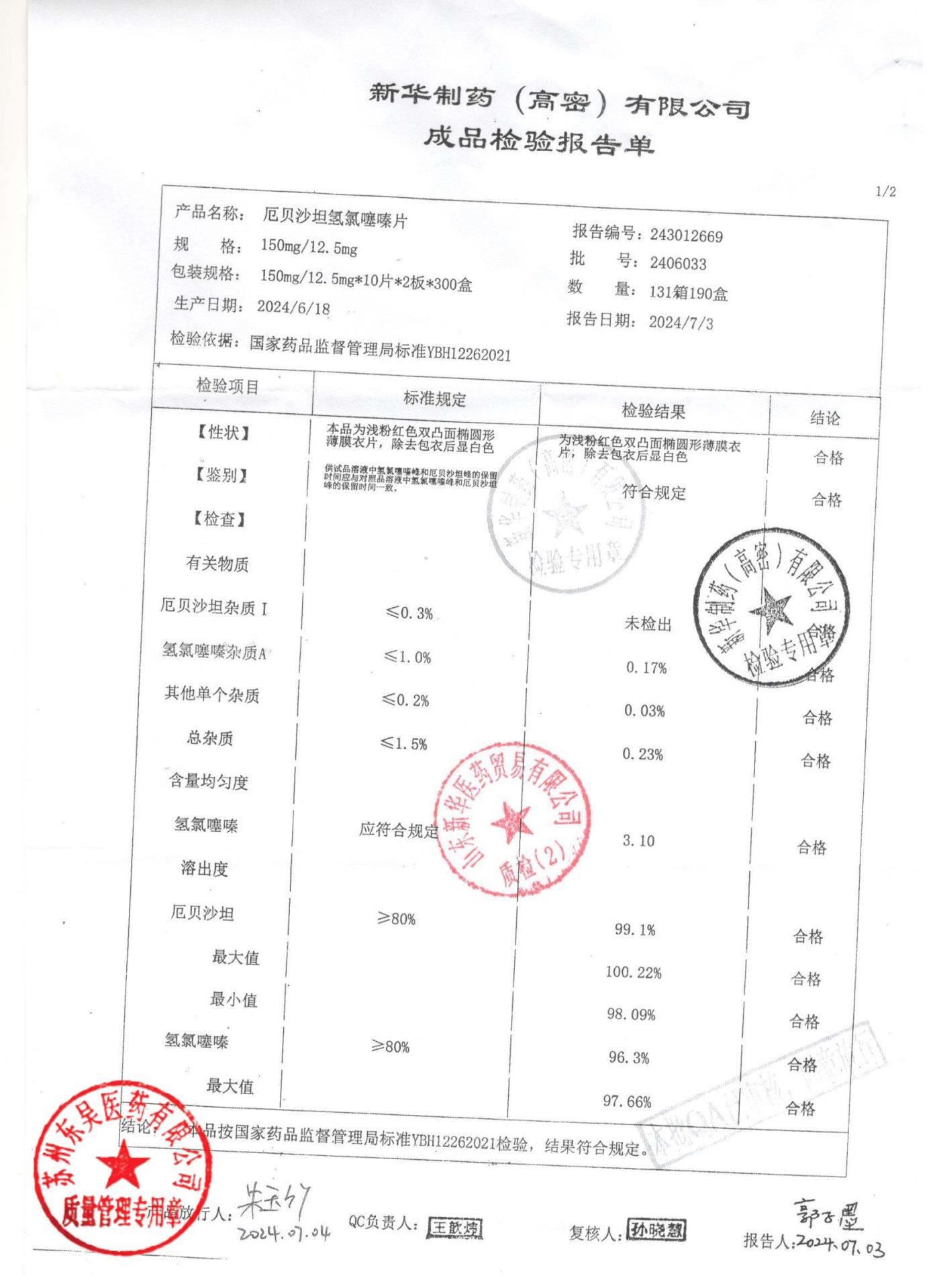 2406033厄贝沙坦氢氯噻嗪片1