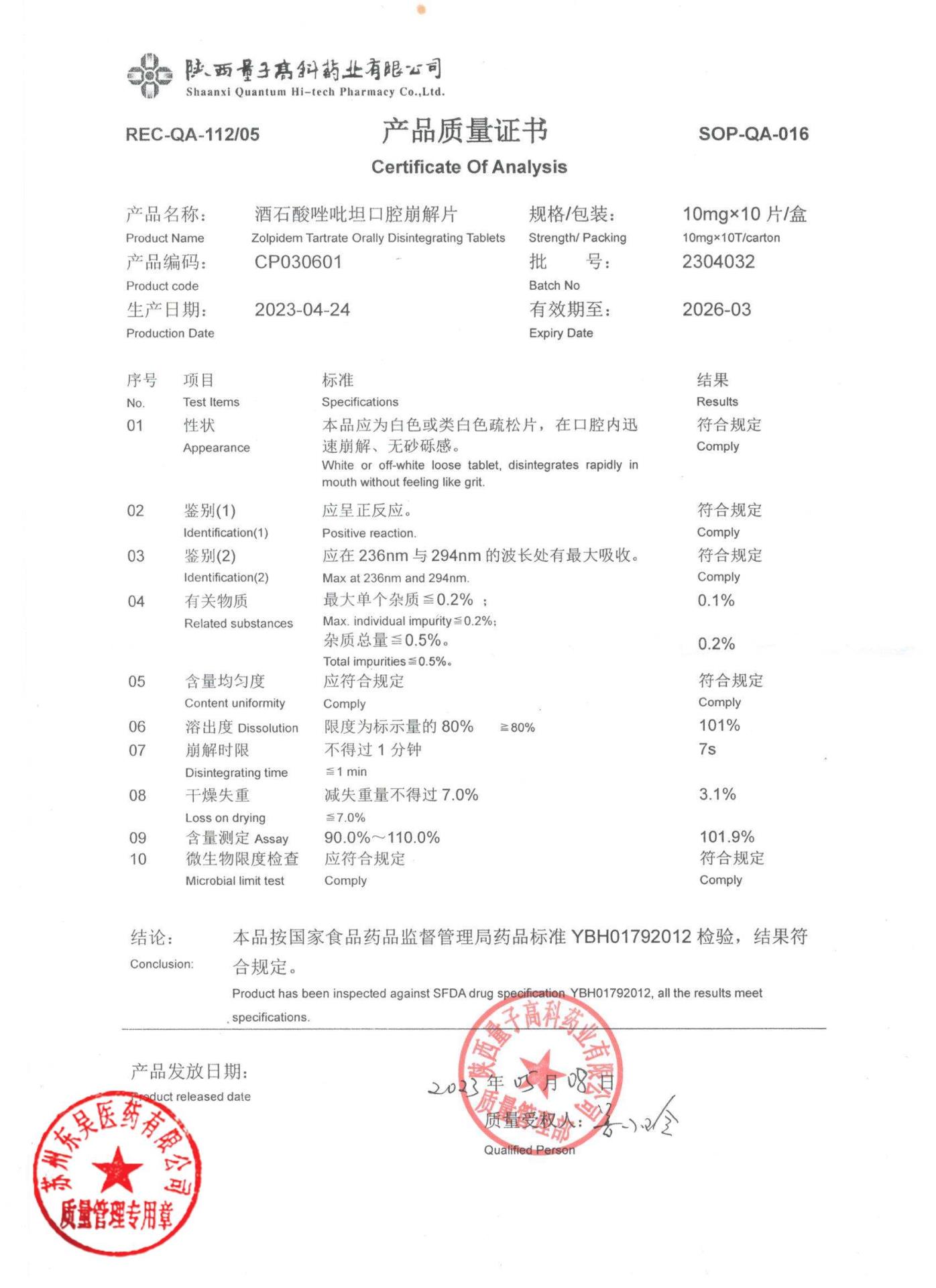 2304032酒石酸唑吡坦口腔崩解片