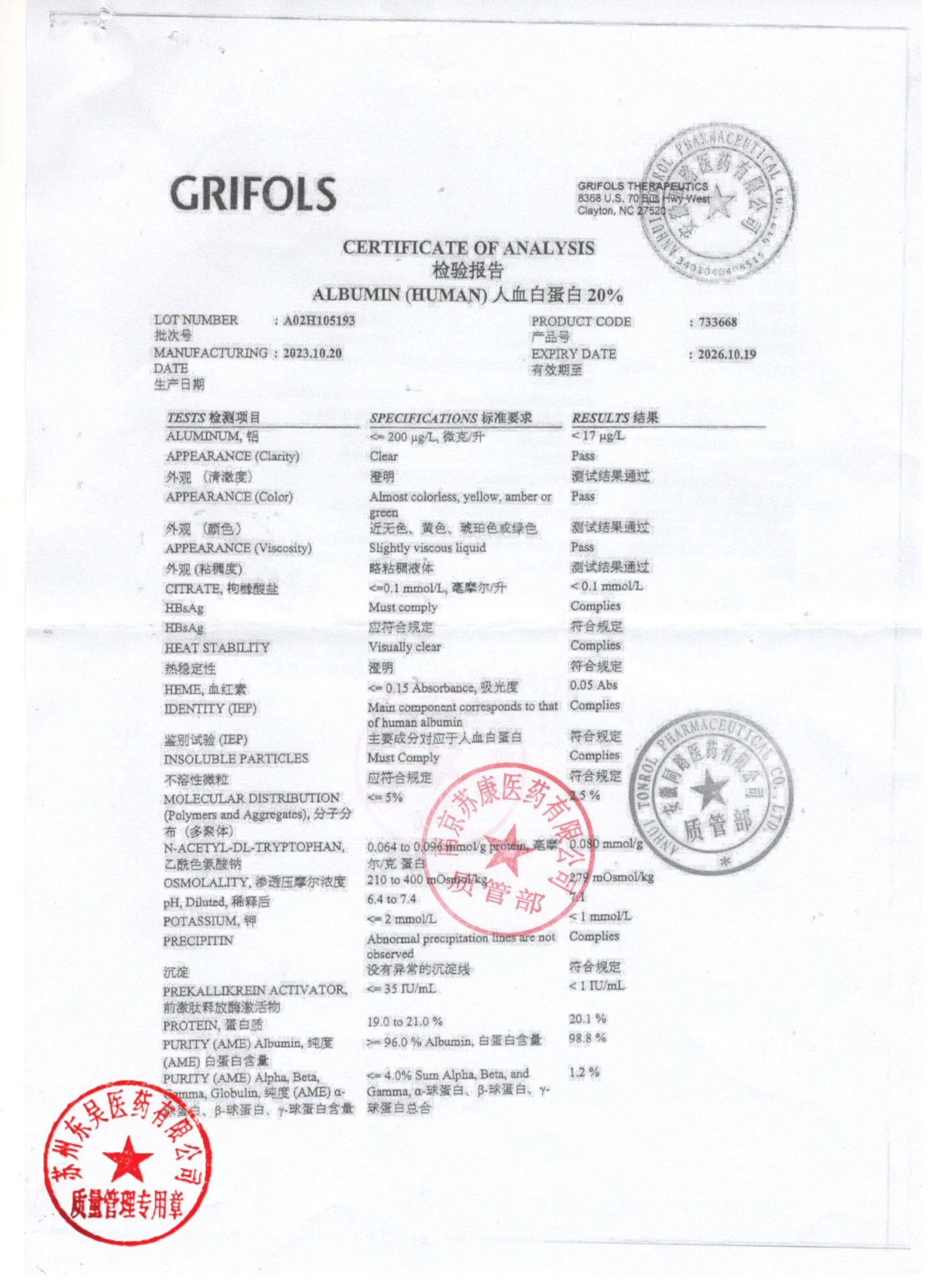 3A02H105193人血白蛋白3