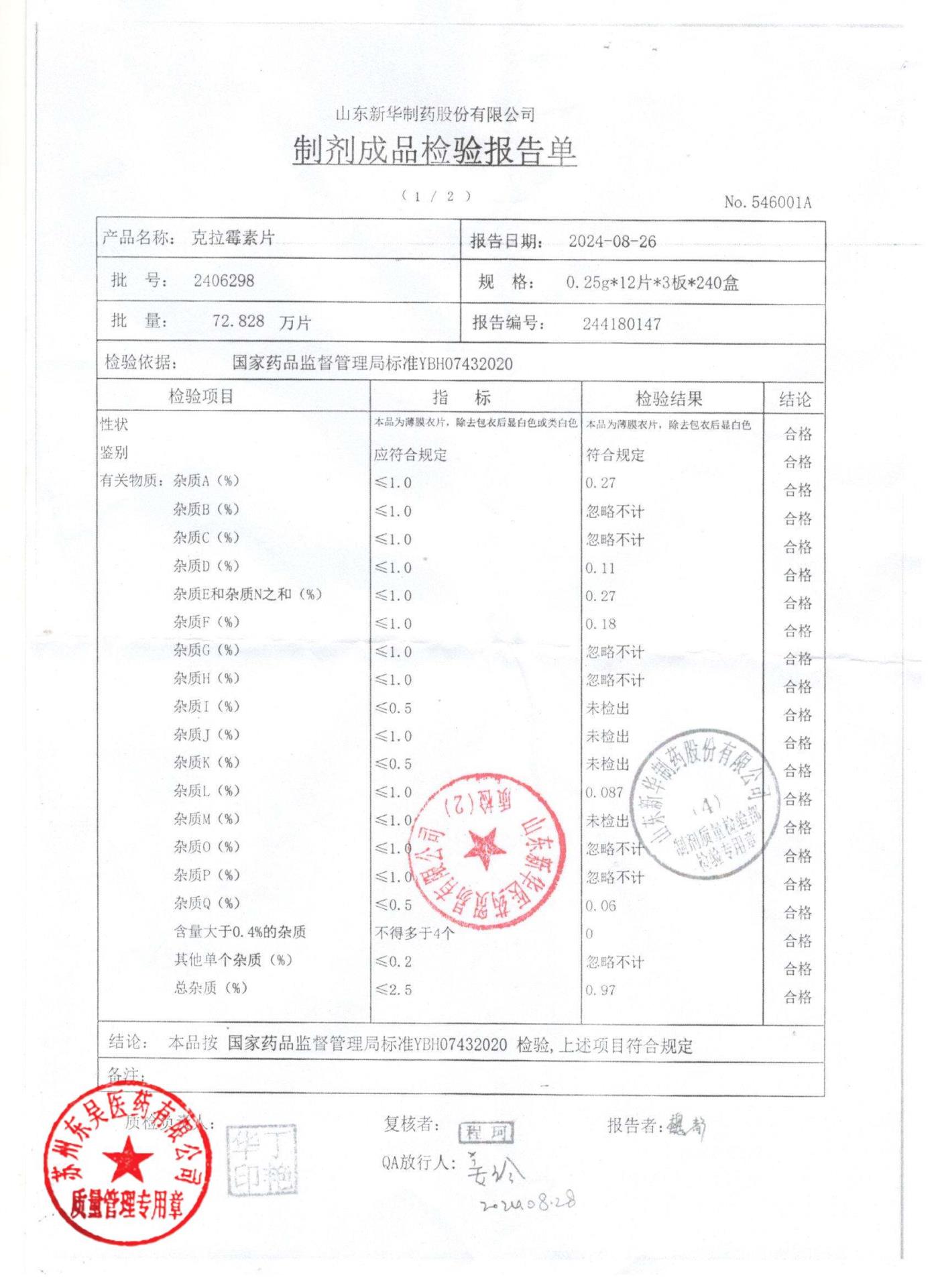 2406298克拉霉素片1