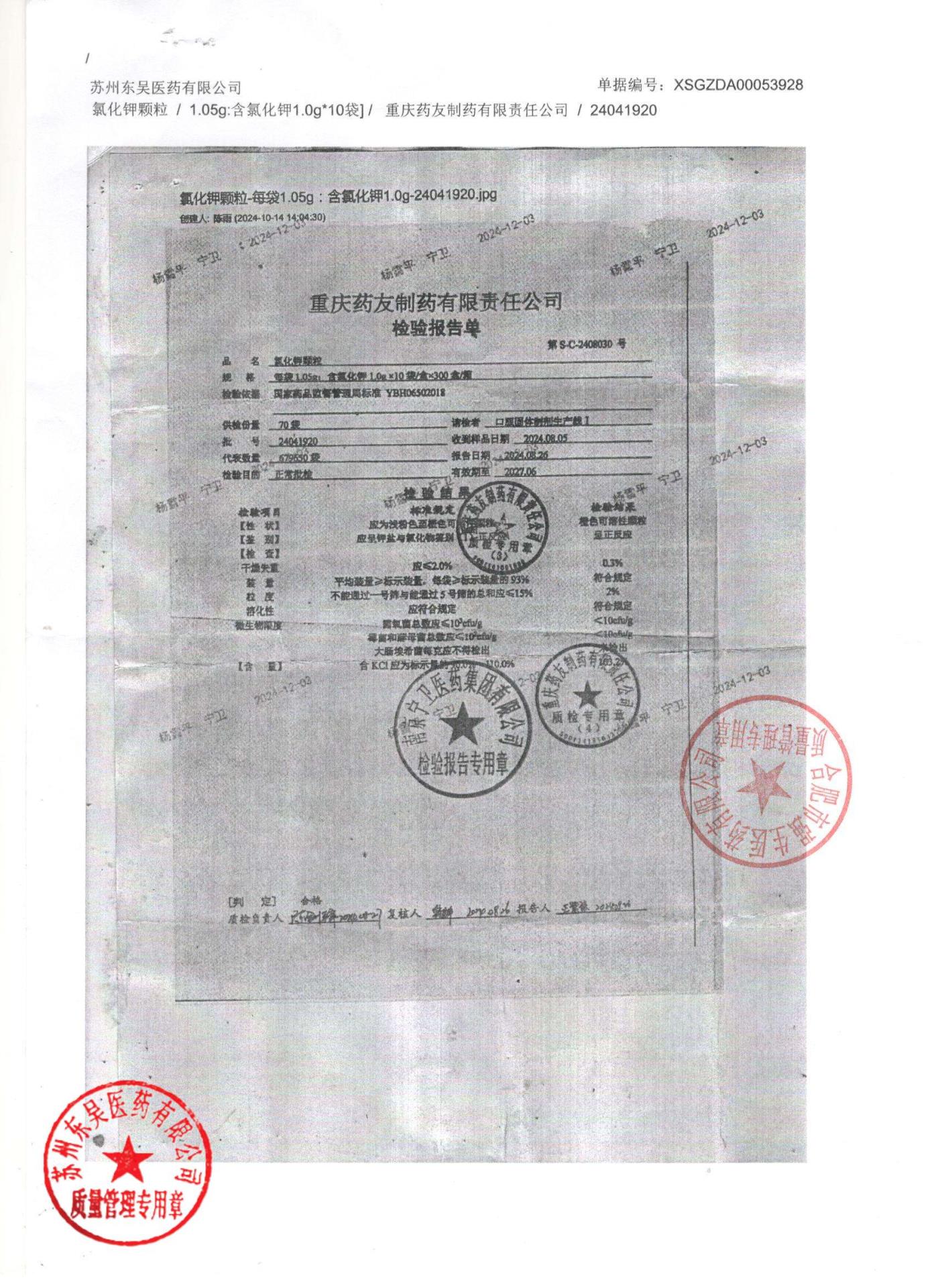 24041920氯化钾颗粒