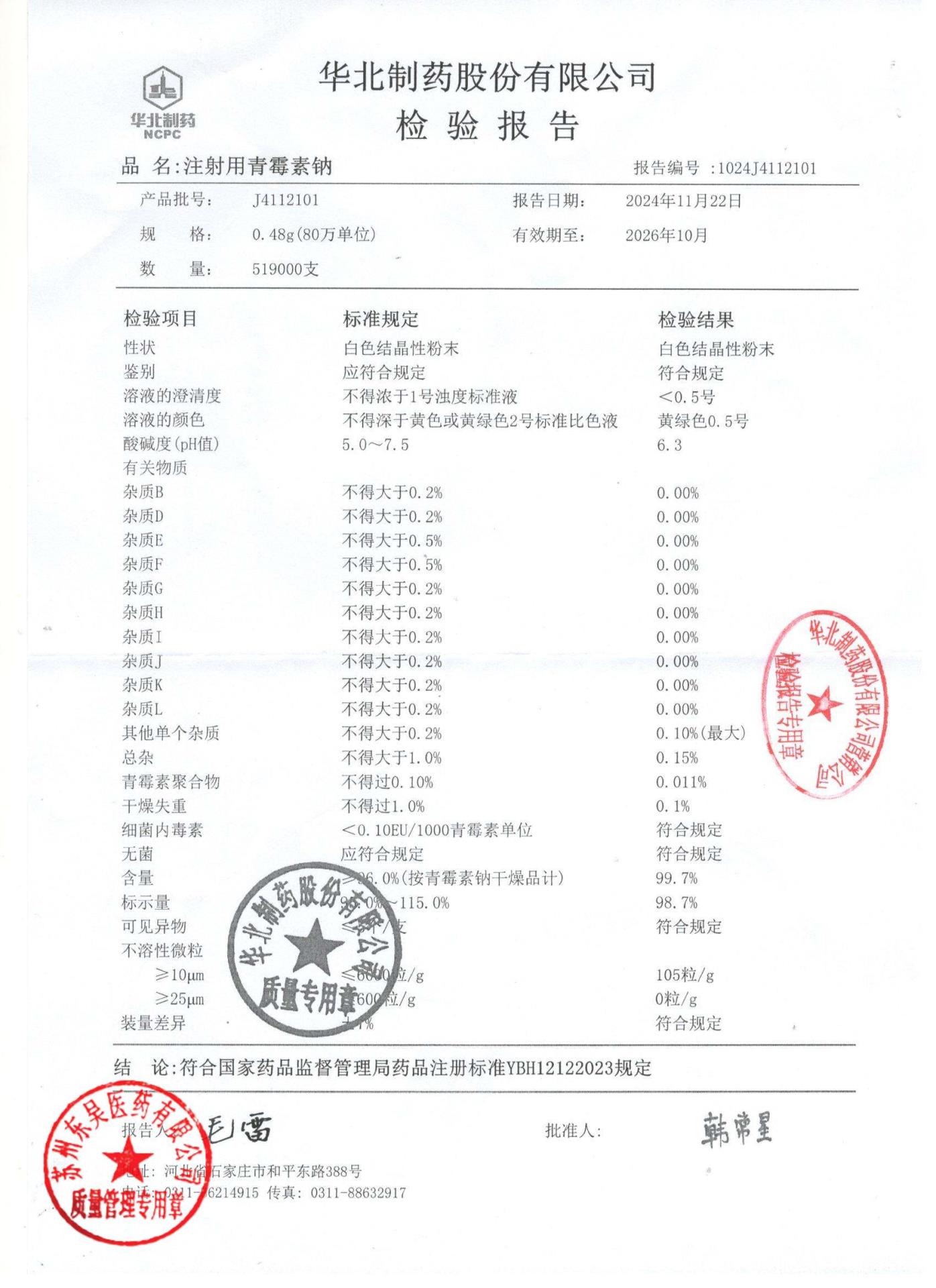 J4112101注射用青霉素钠