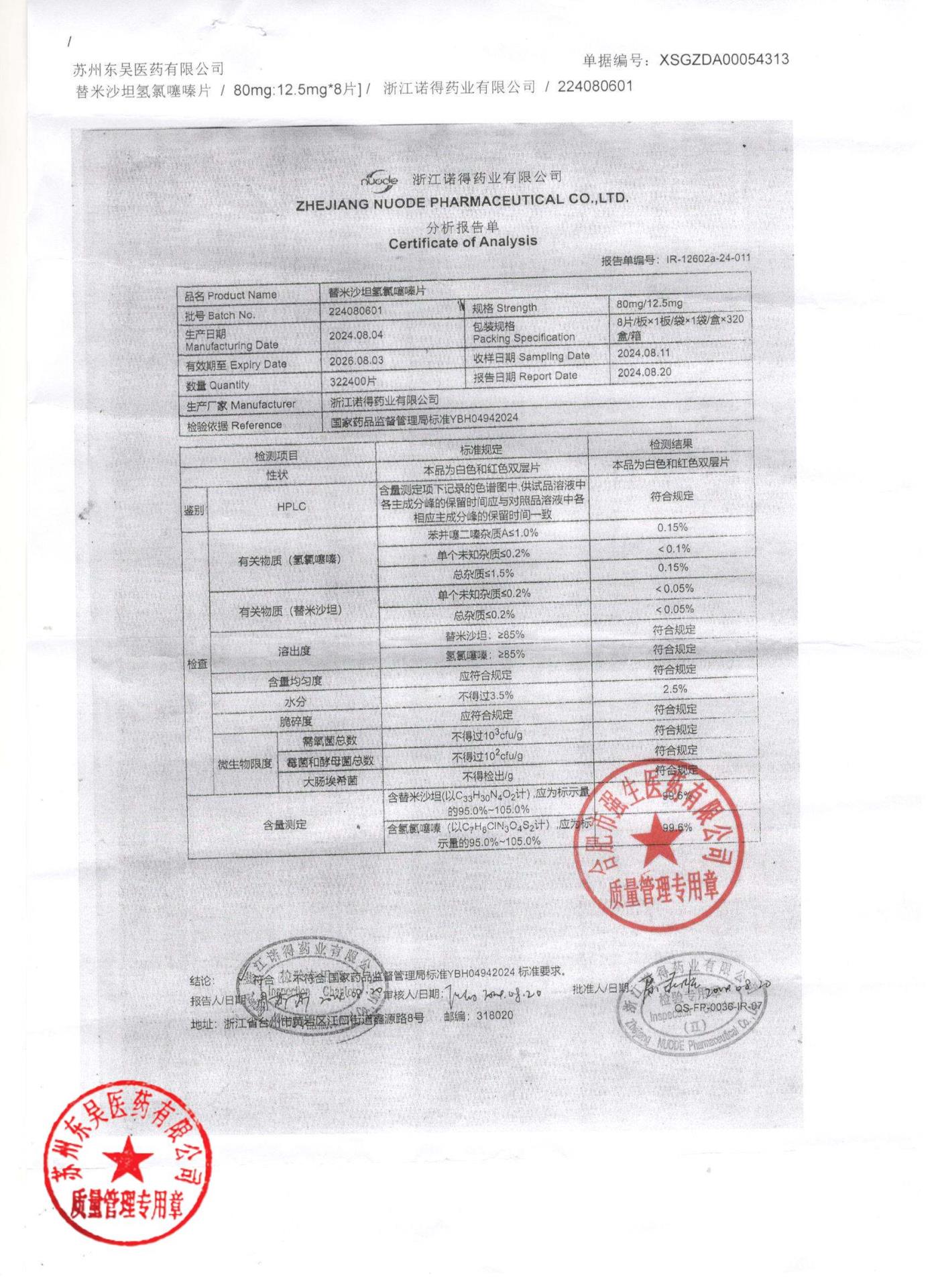 224080601替米沙坦氢氯噻嗪片
