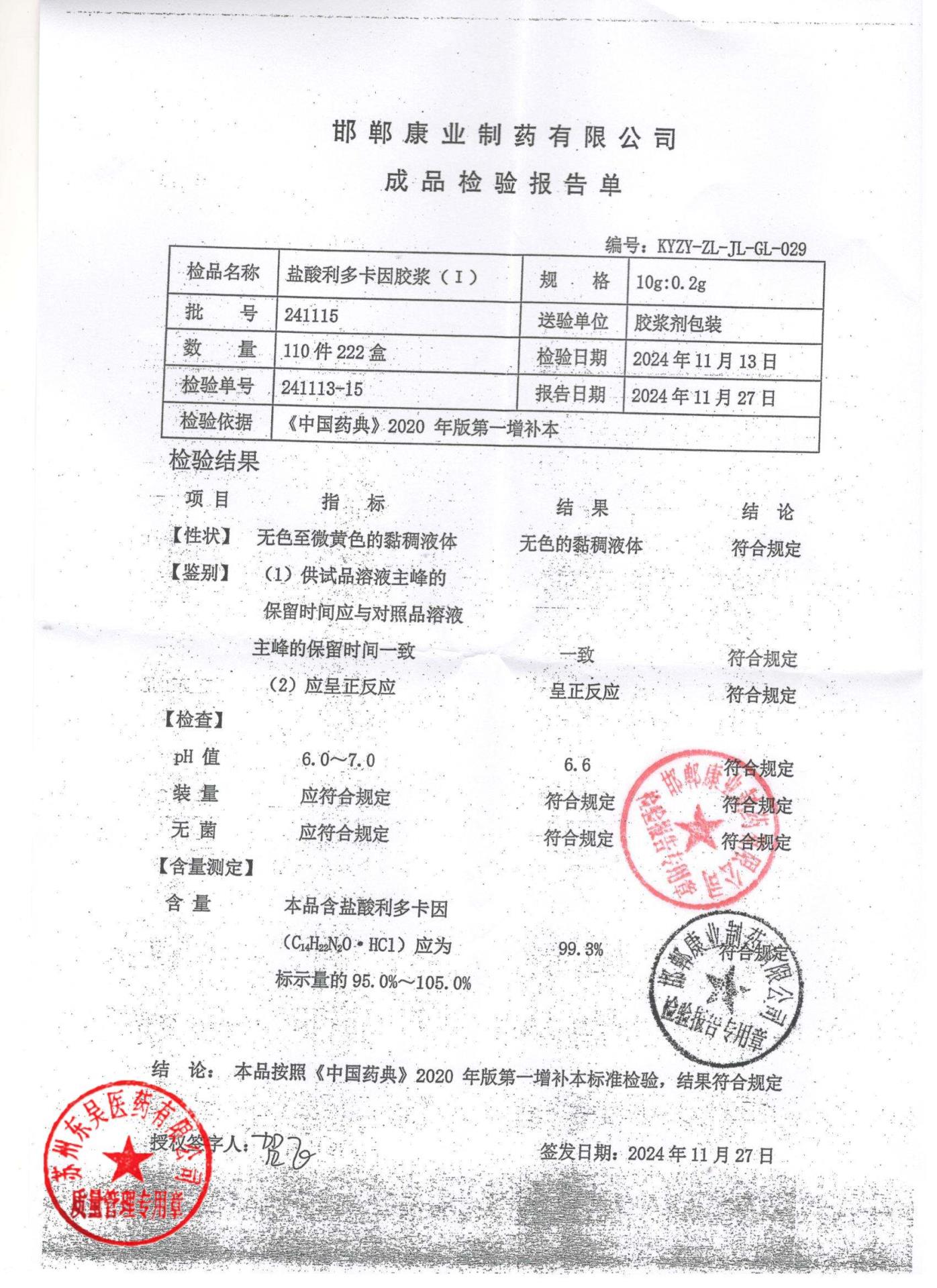 241115盐酸利多卡因胶浆