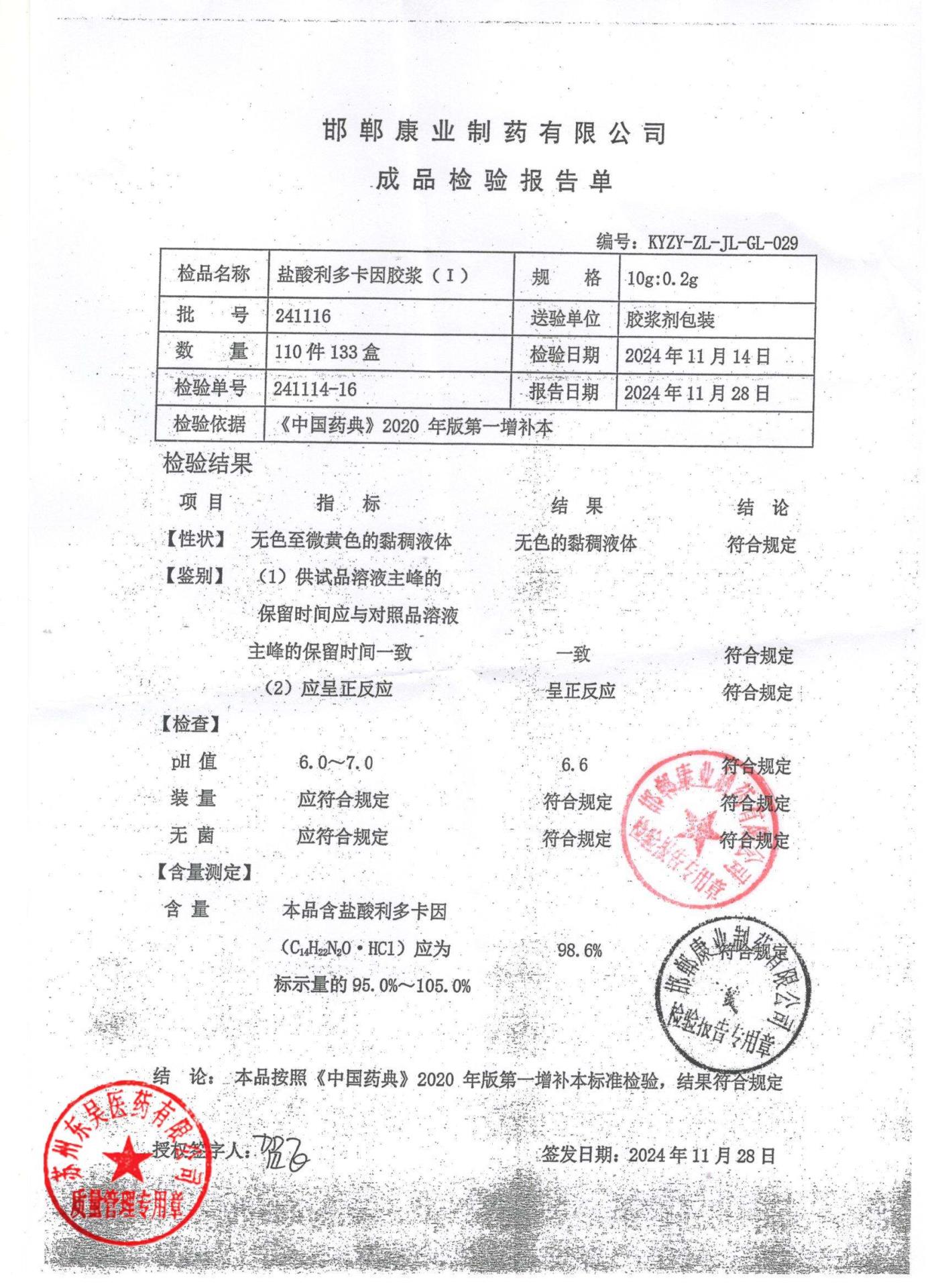 241116盐酸利多卡因胶浆