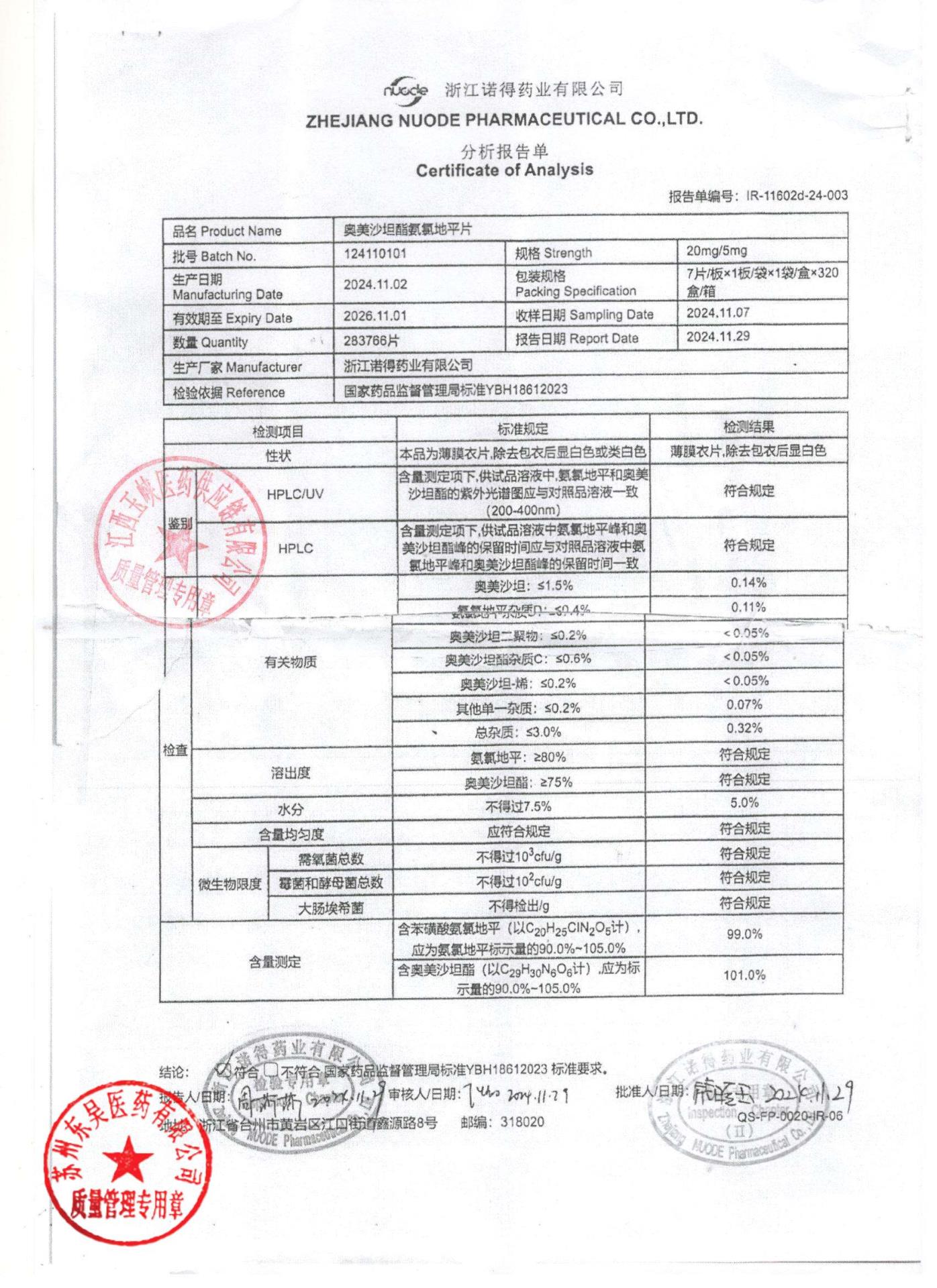 124110101奥美沙坦酯氨氯地平片