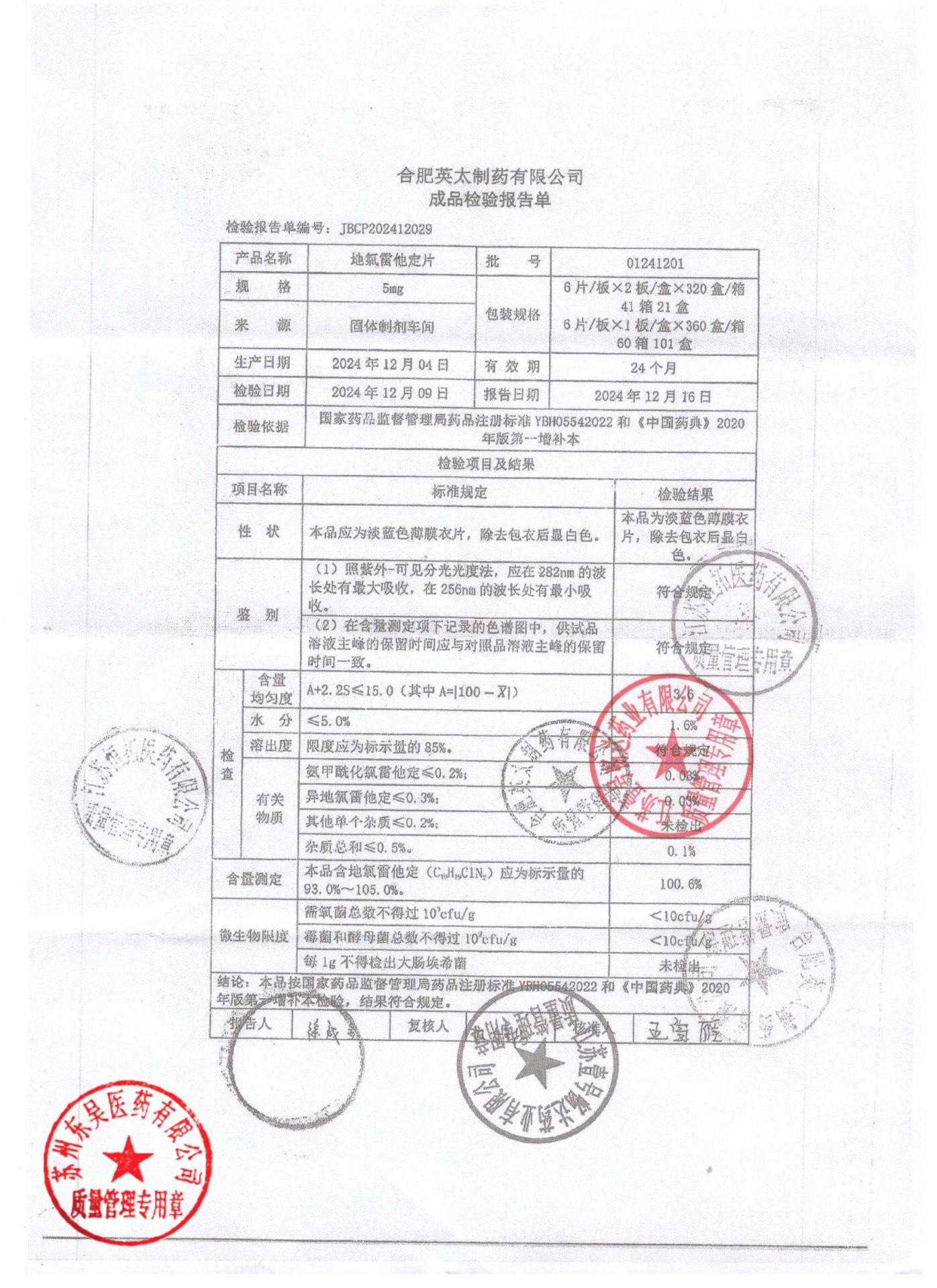 01241201地氯雷他定片