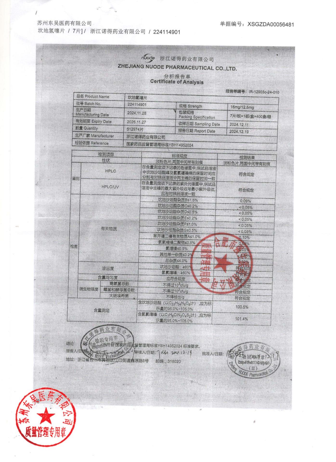 224114901坎地氢噻片