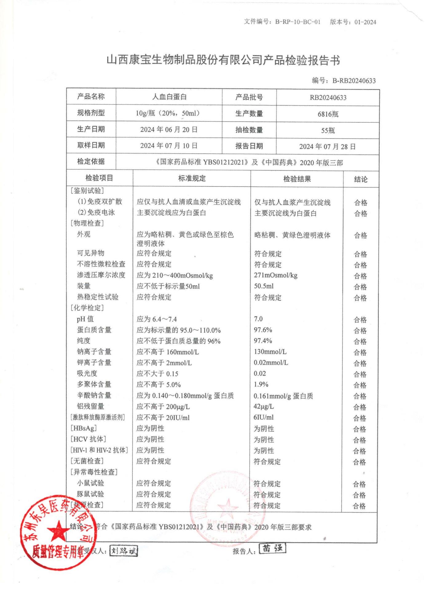 RB20240633人血白蛋白
