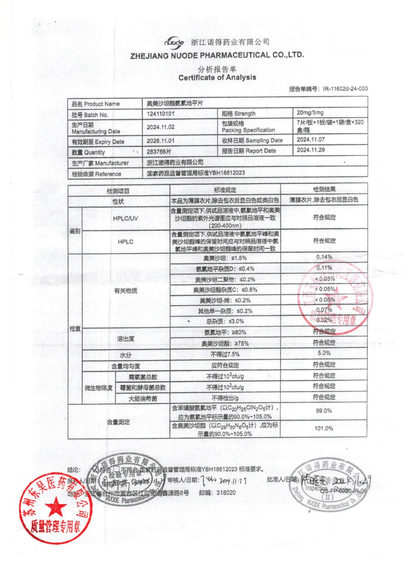 124110101奥美沙坦酯氨氯地平片