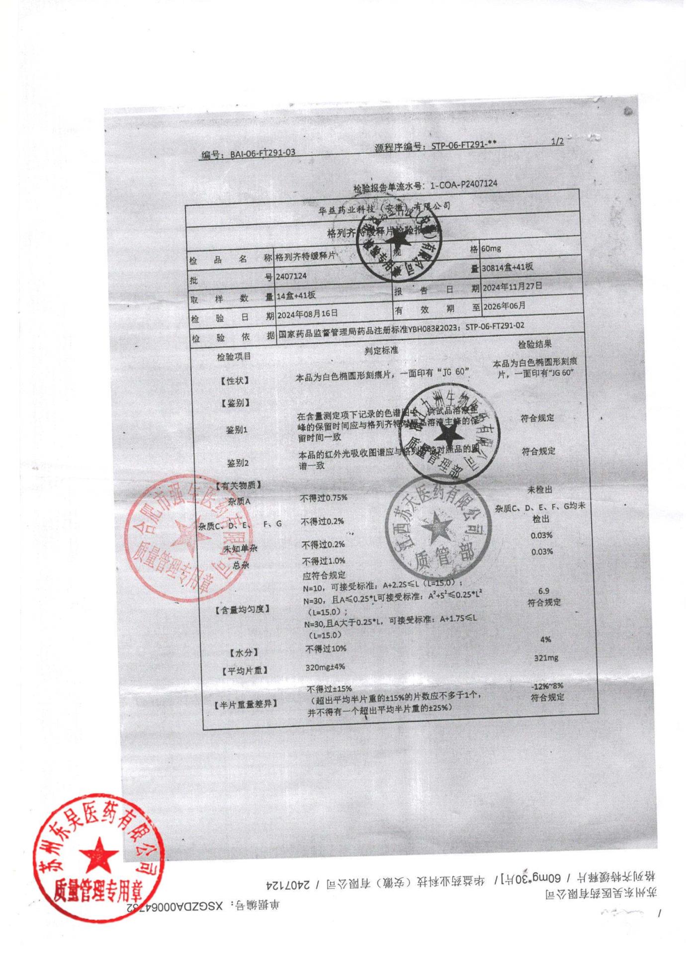 2407124格列齐特缓释片1