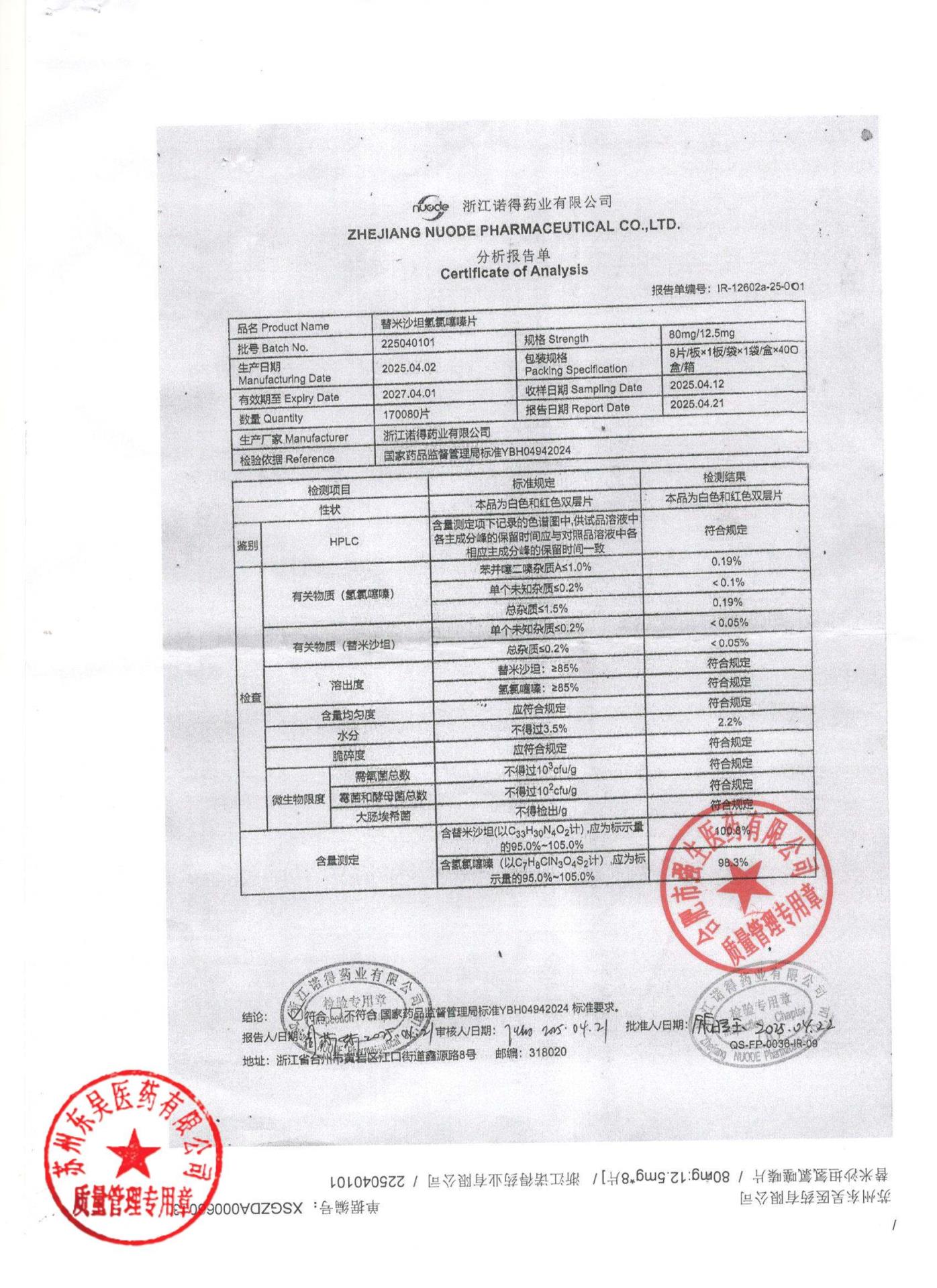 225040101替米沙坦氢氯噻嗪片