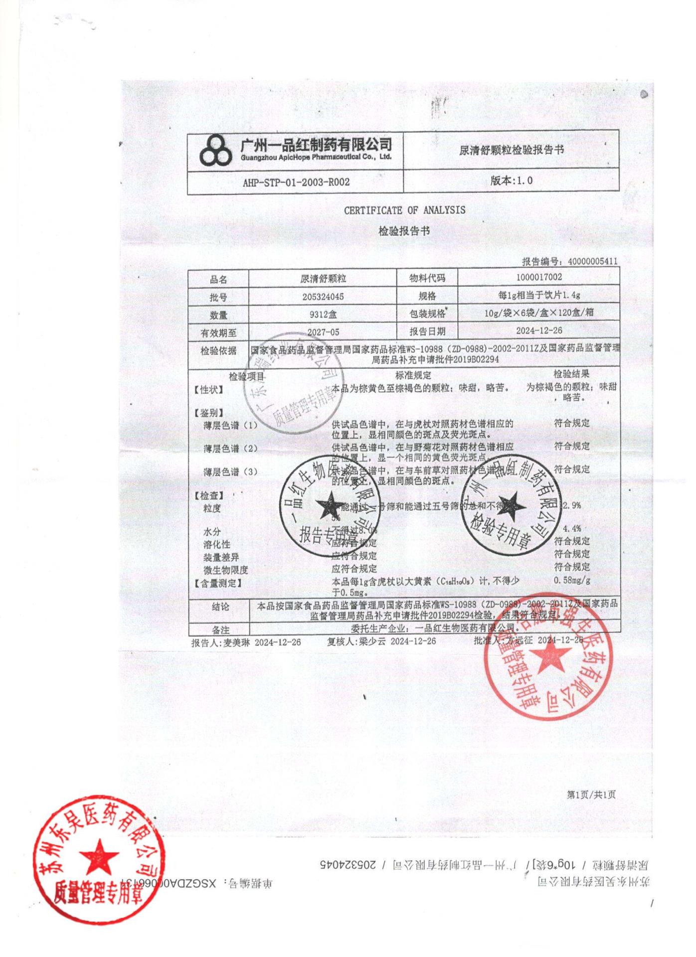 205324045尿清舒颗粒