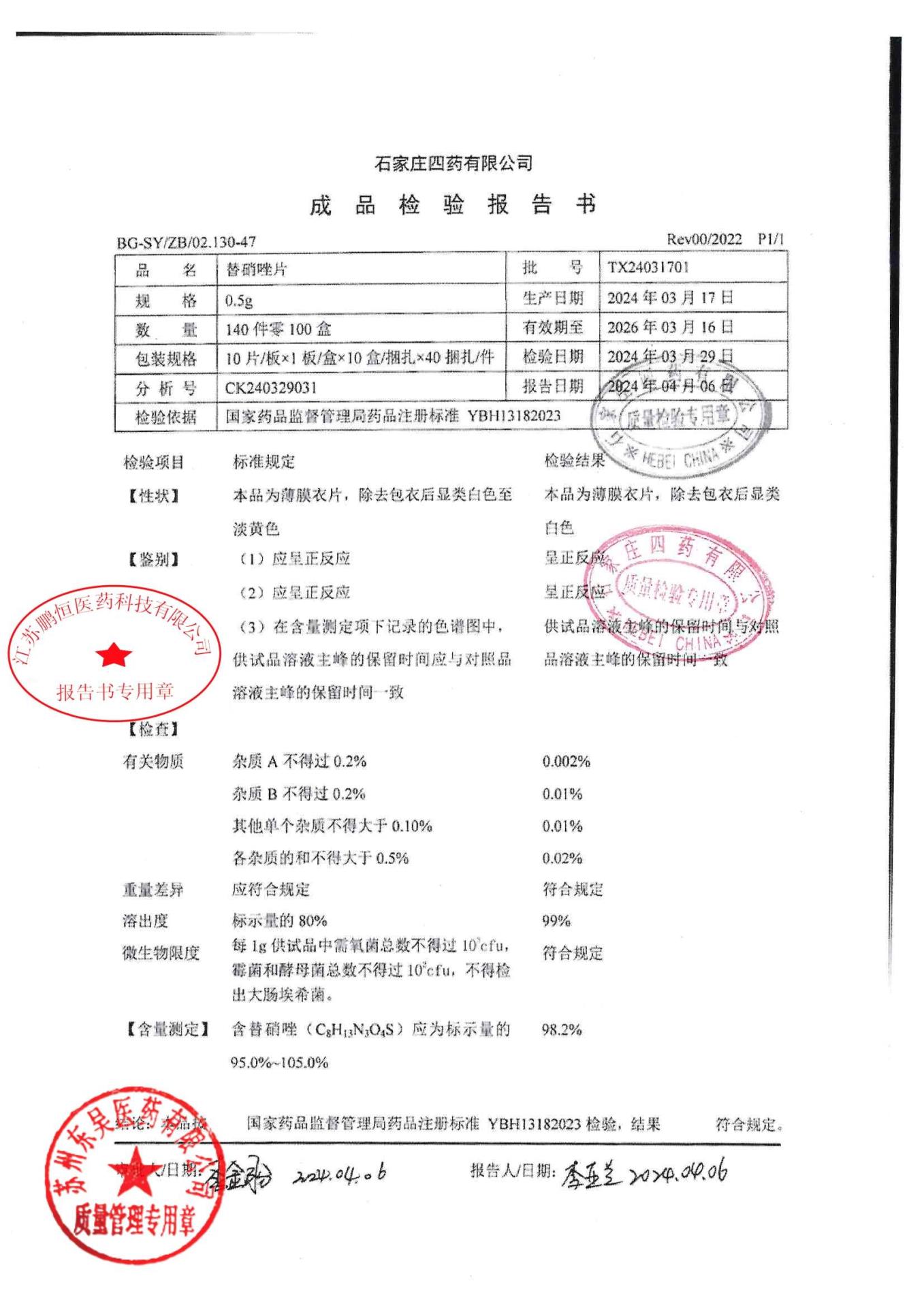 TX24031701替硝唑片