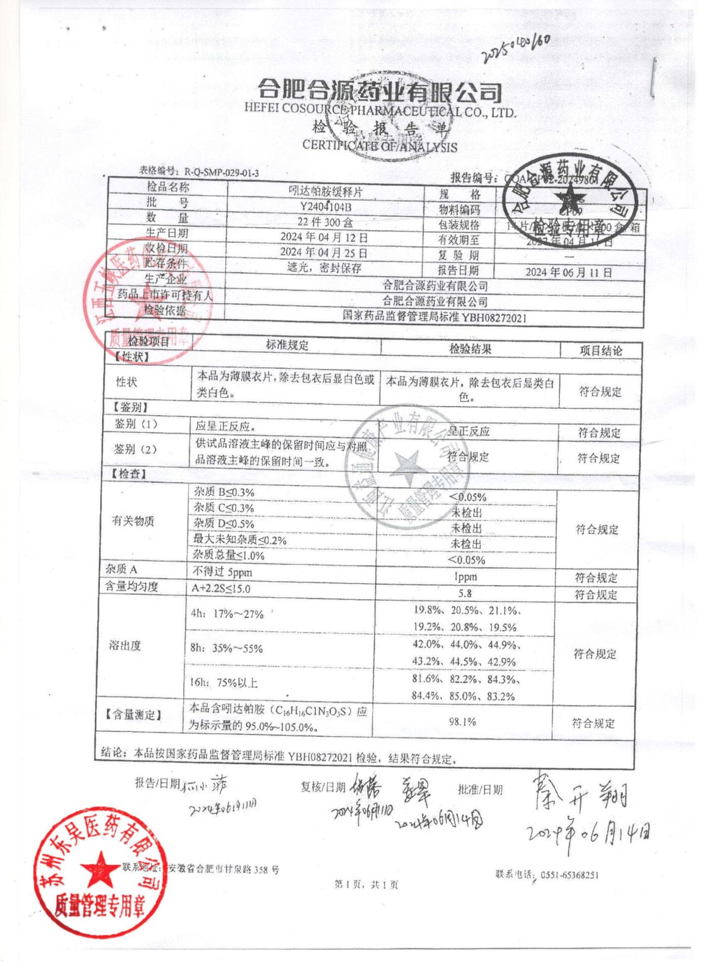 Y2404104B吲达帕胺缓释片