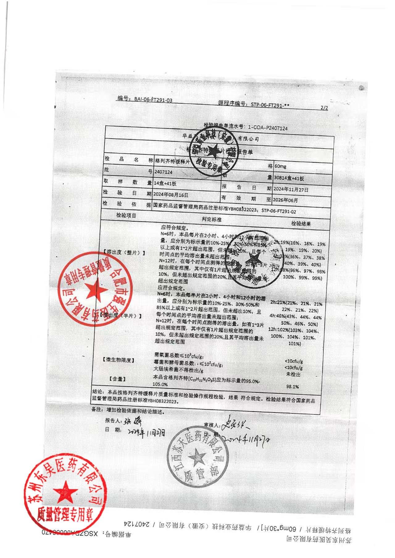 2407124格列齐特缓释片2