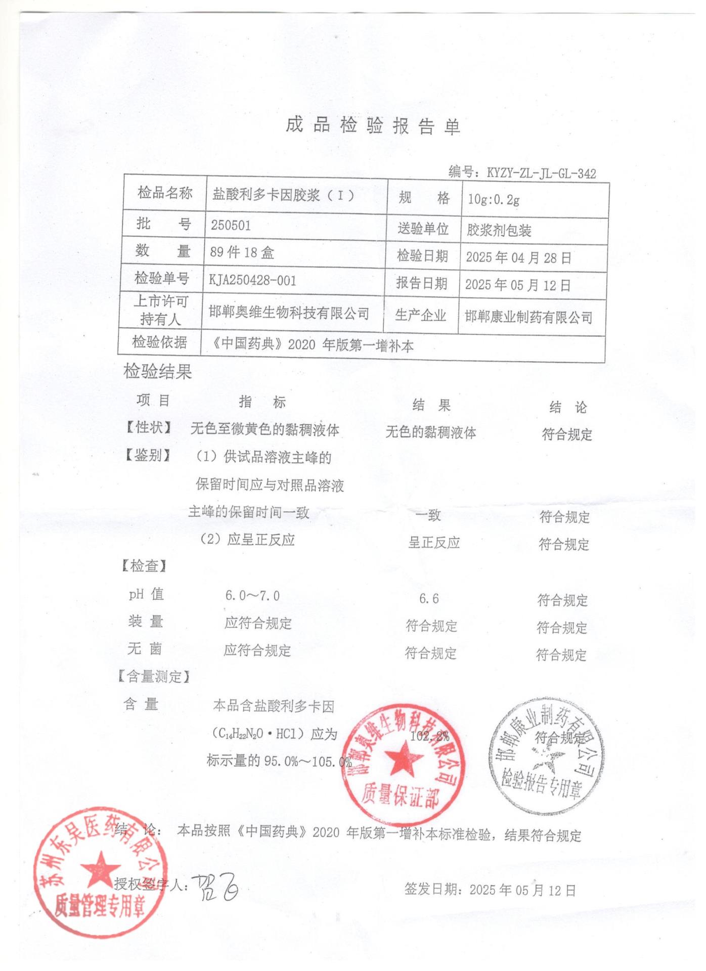 250501盐酸利多卡因胶浆