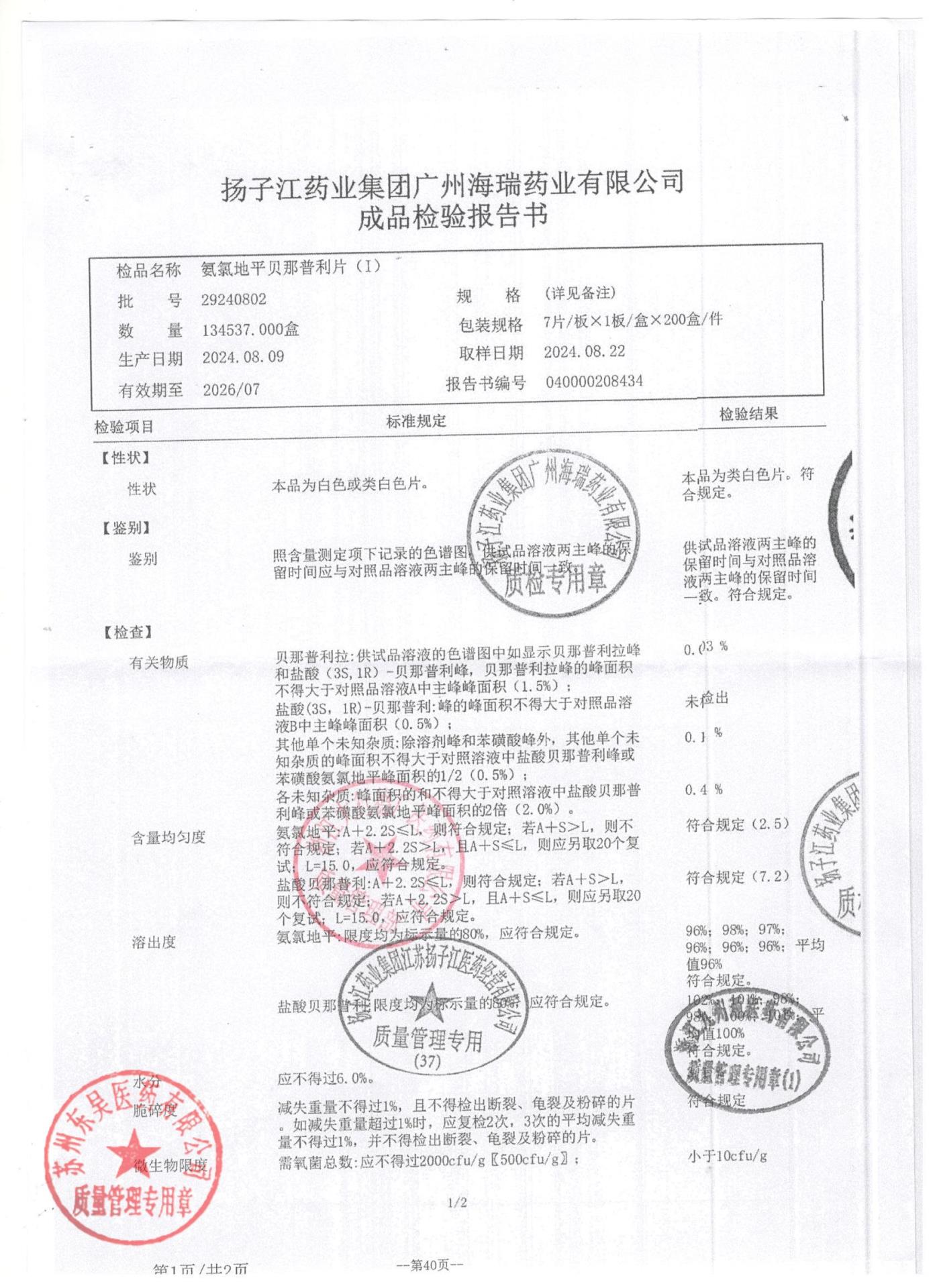 29240802氨氯地平贝那普利片1