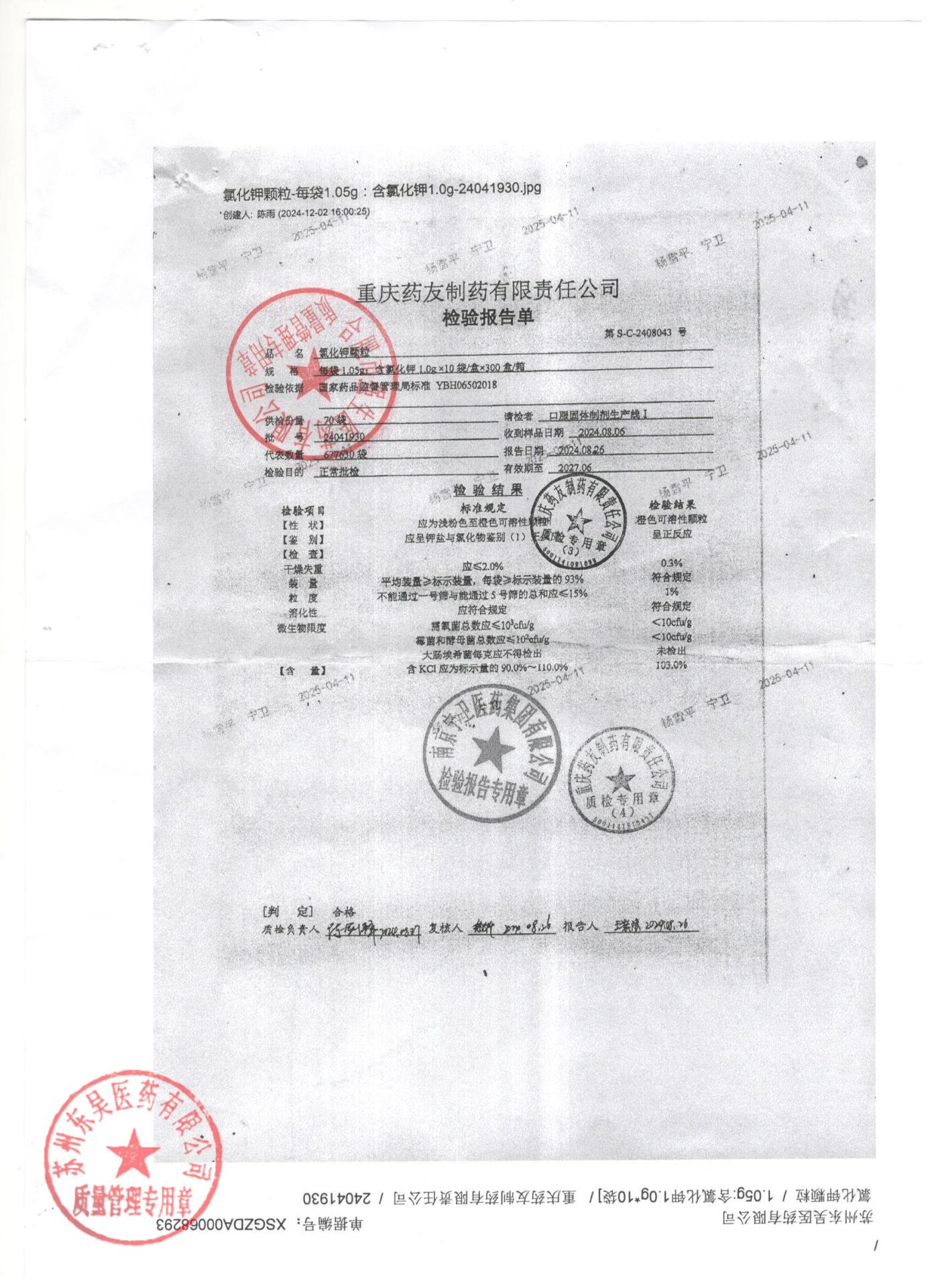 24041930氯化钾颗粒