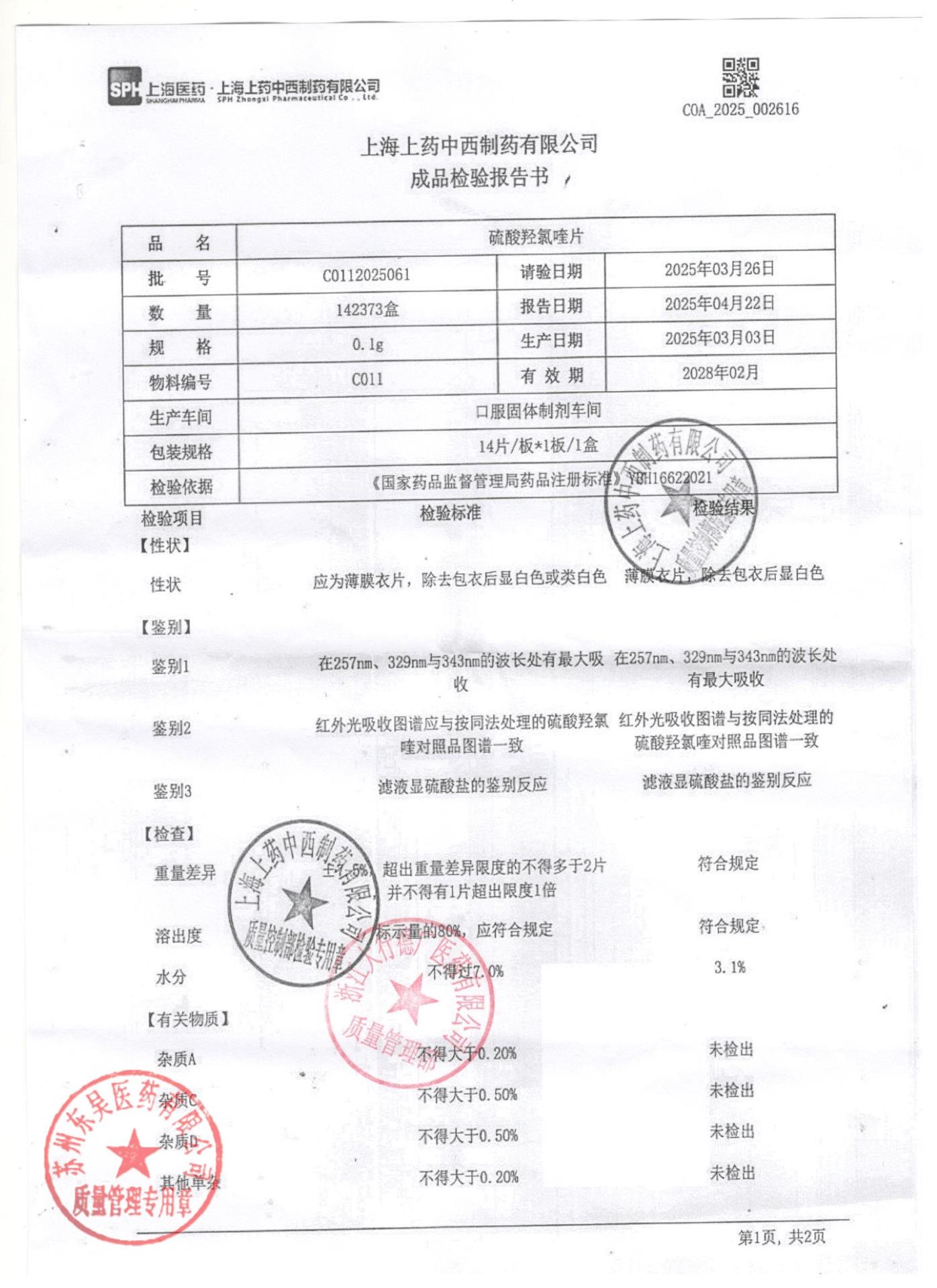 C0112025061硫酸羟氯喹片1