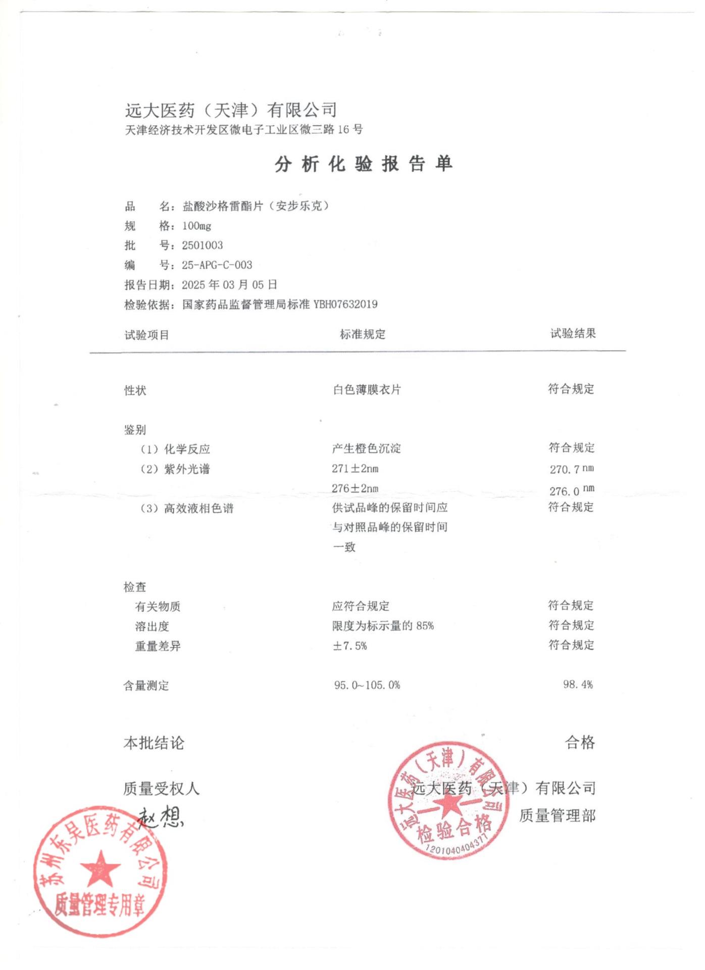 2501003盐酸沙格雷酯片