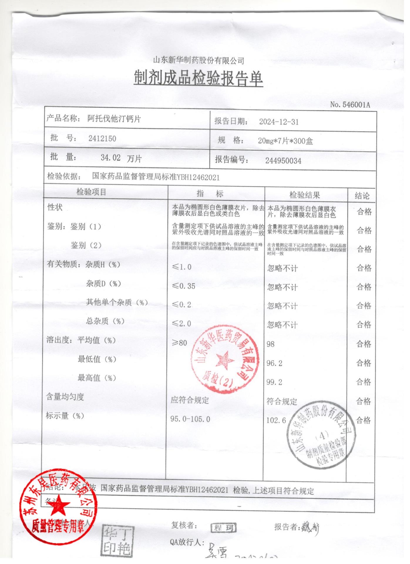 2412150阿托伐他汀钙片