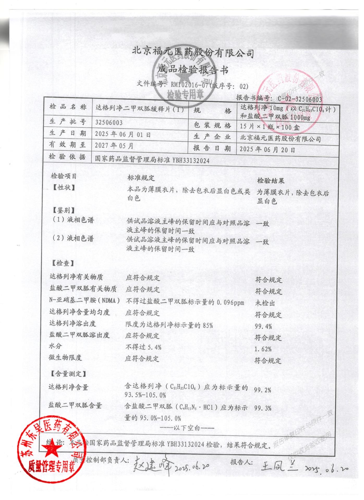 32506003达格列净二甲双胍缓释片