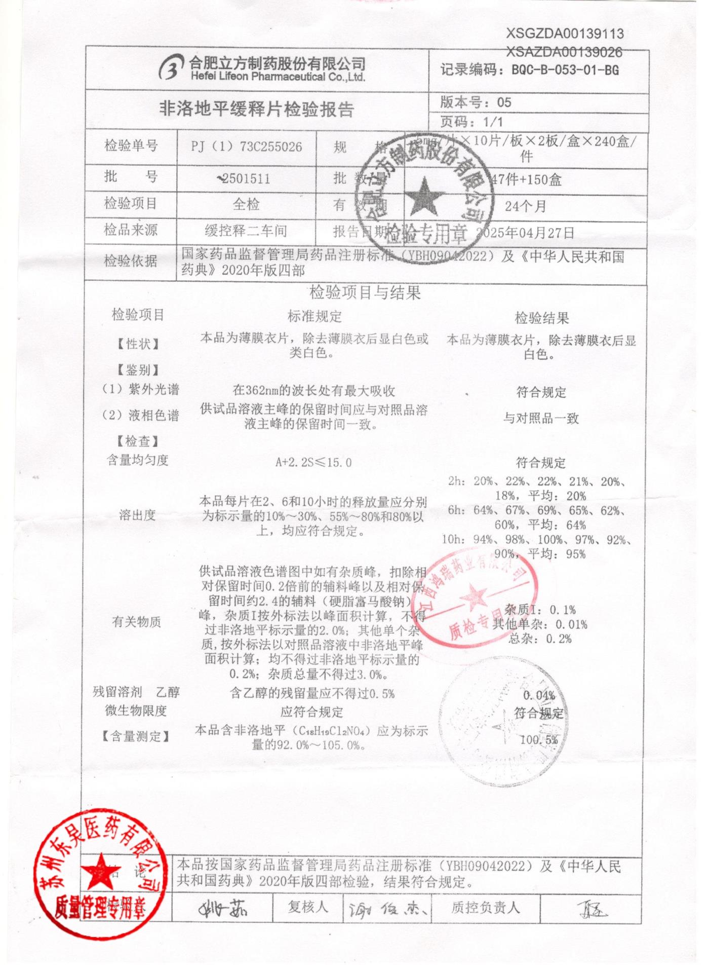 2501511非洛地平缓释片