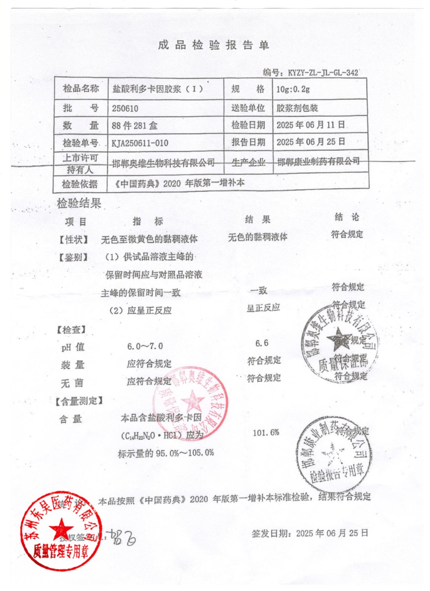 250610盐酸利多卡因胶浆