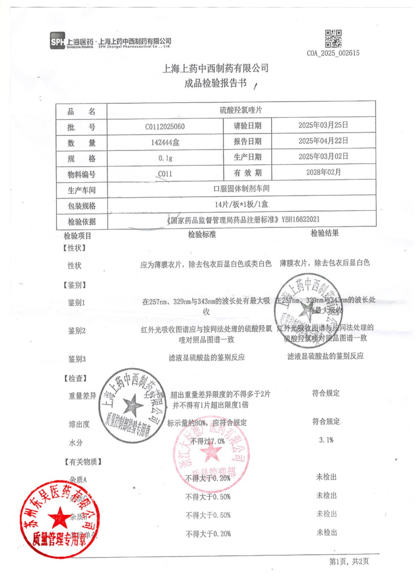 C0112025060硫酸羟氯喹片