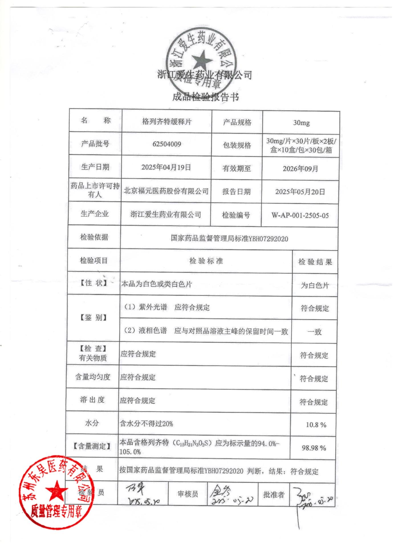 62504009格列齐特缓释片