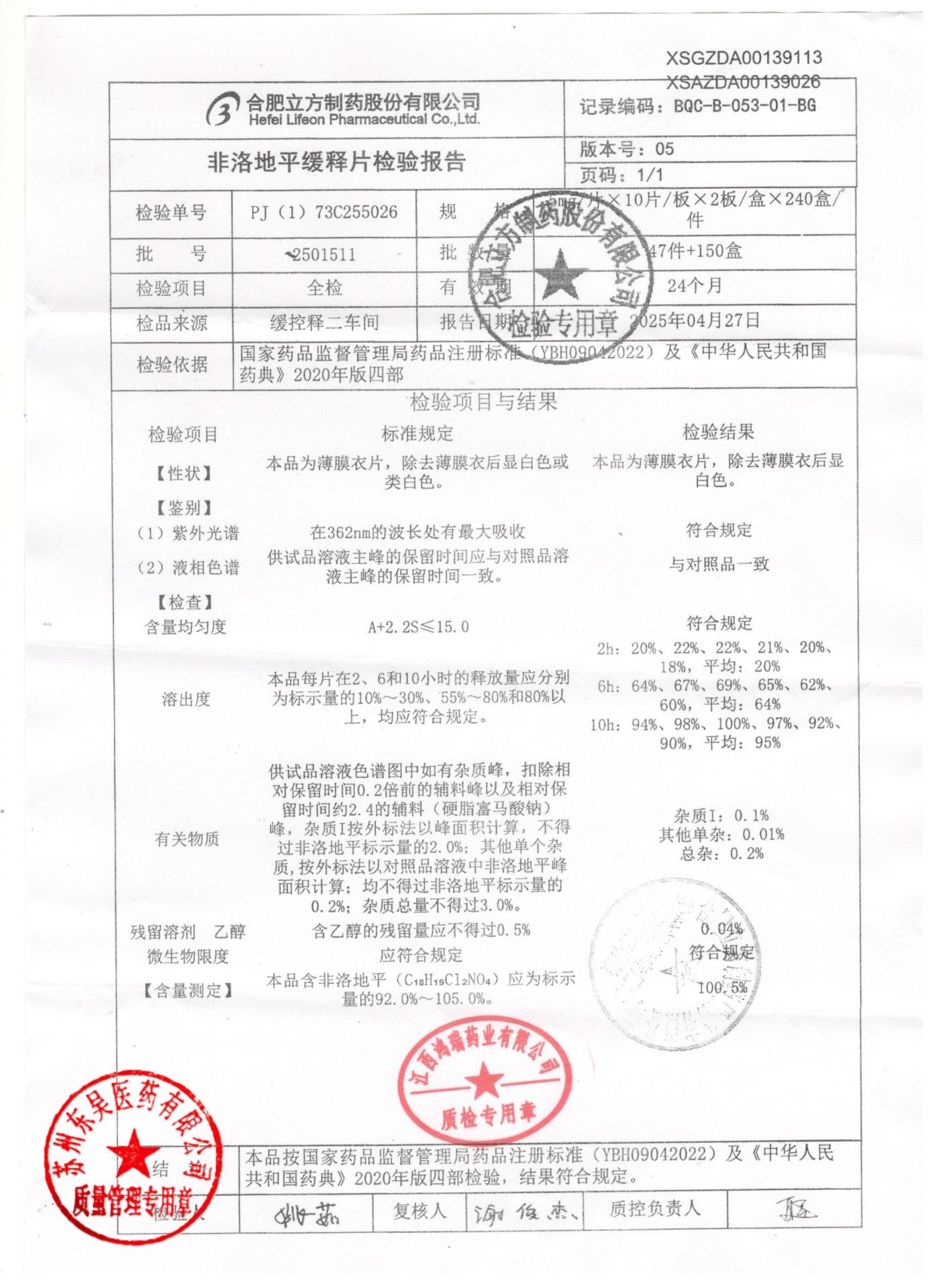 2501511非洛地平缓释片