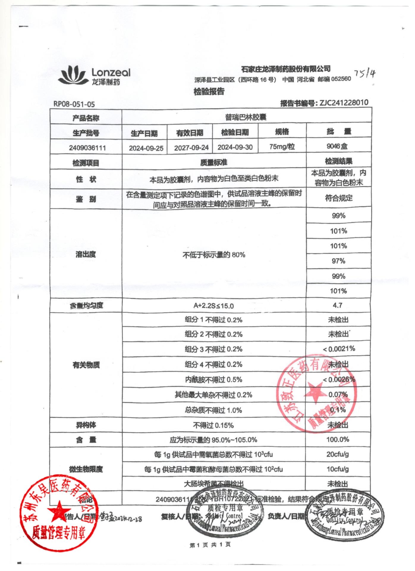 2409036111普瑞巴林胶囊