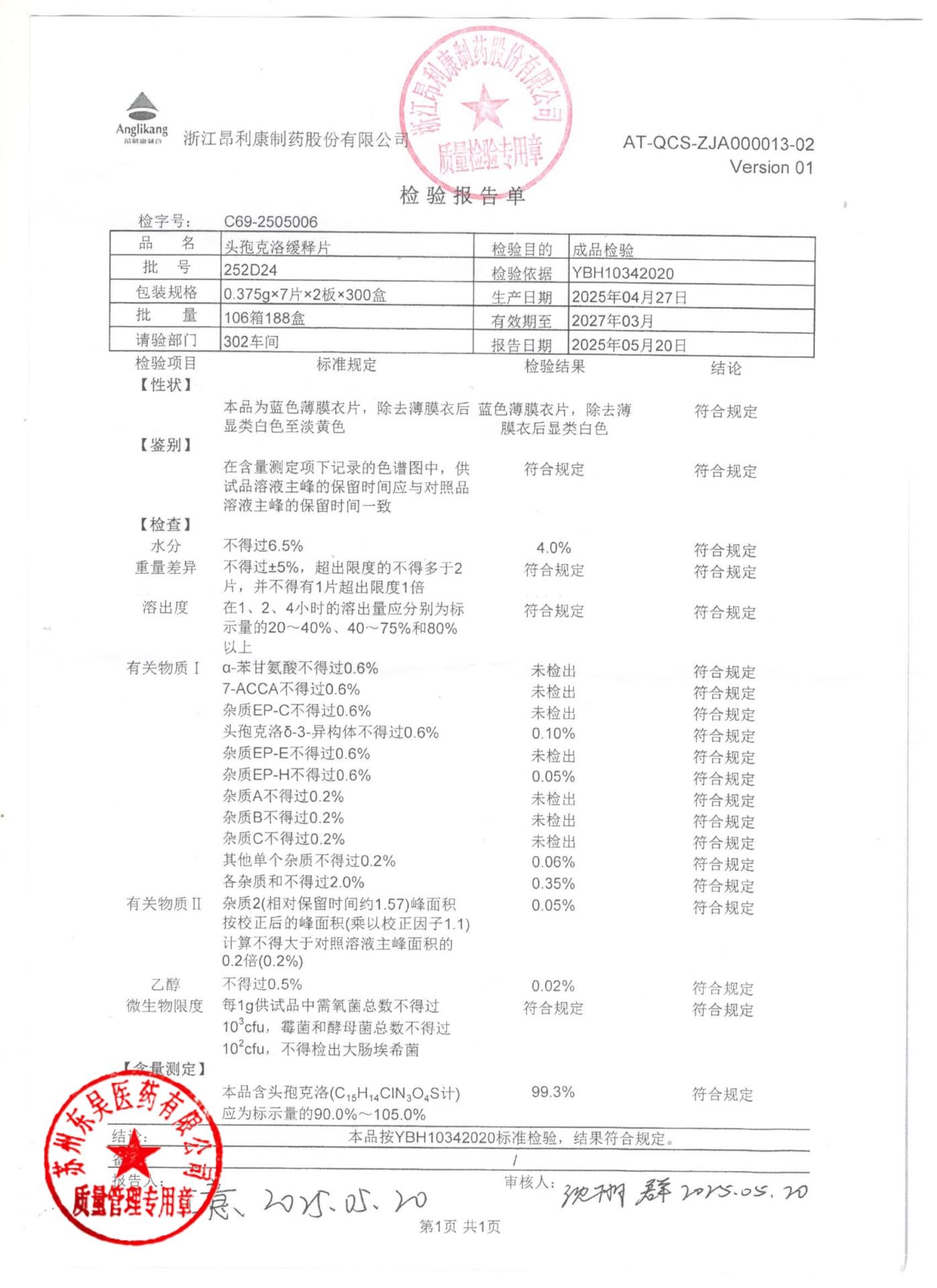 252D24头孢克洛缓释片