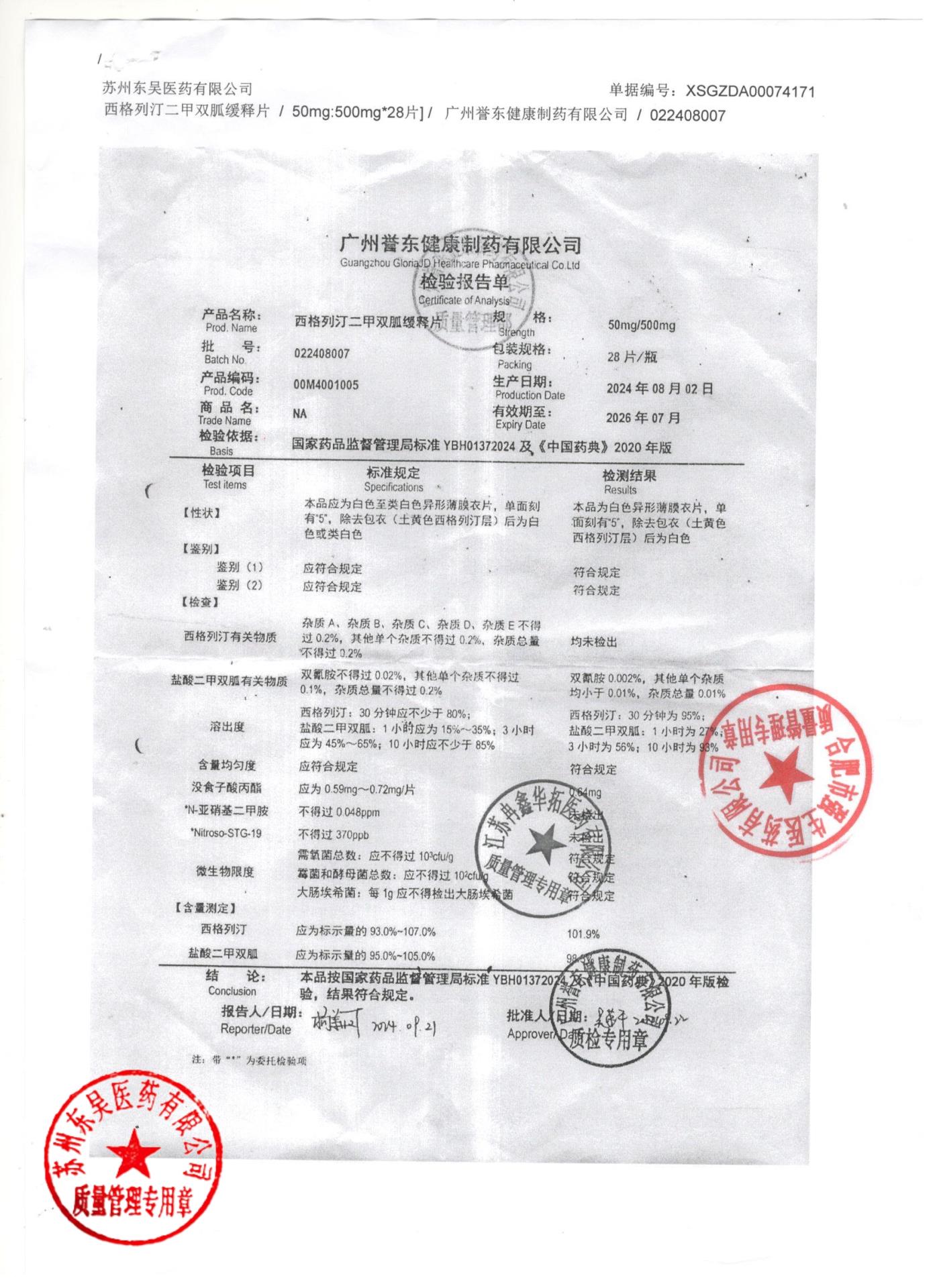 022408007西格列汀二甲双胍缓释片