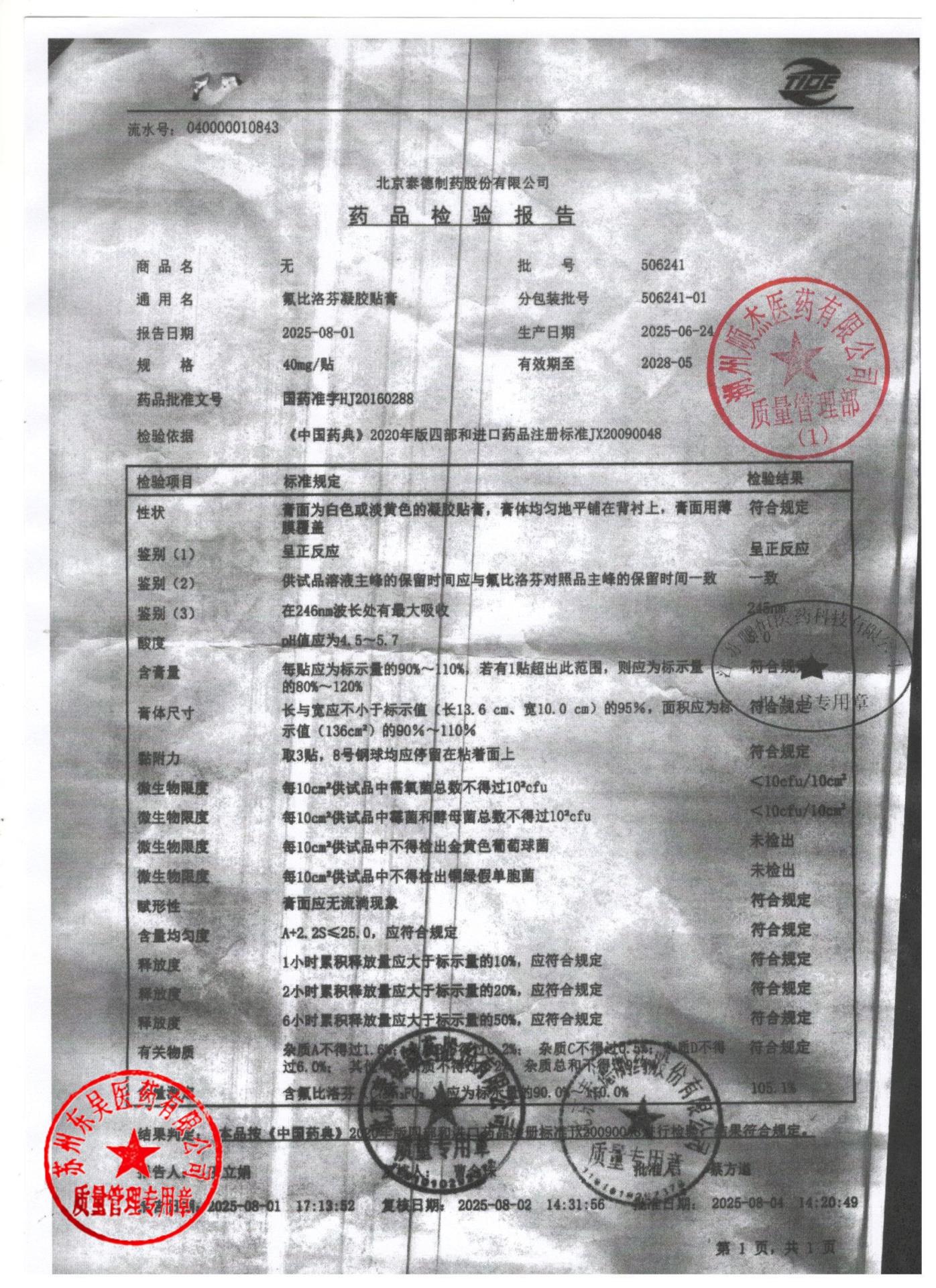 506241氟比洛芬凝胶贴膏