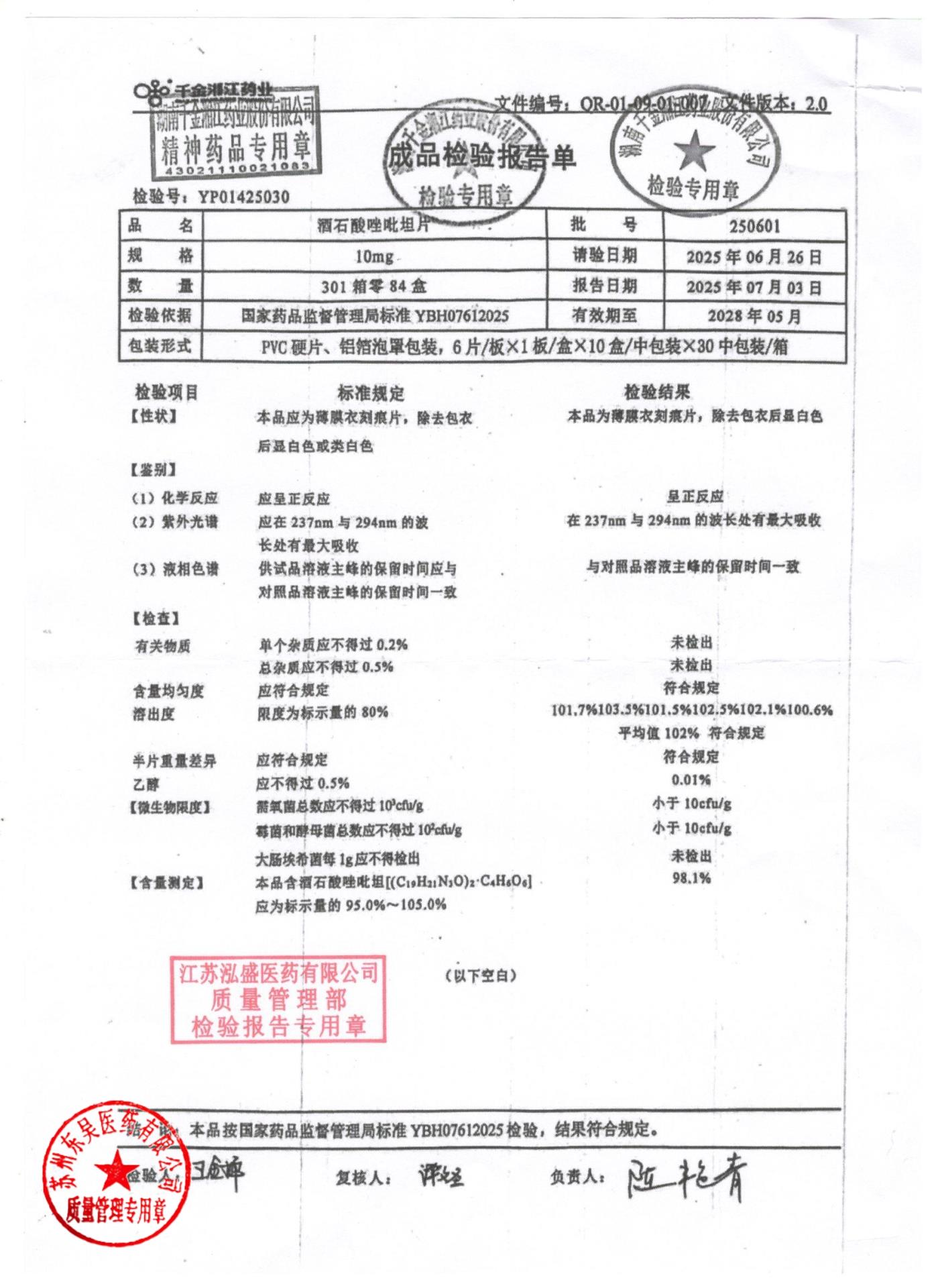 250601酒石酸唑吡坦片