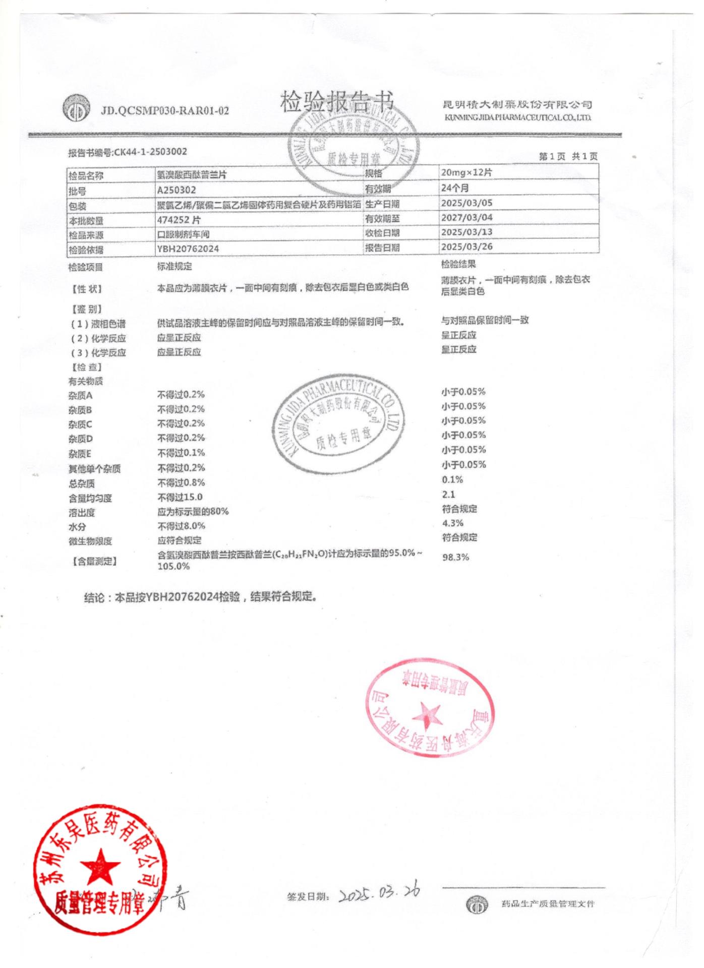 A250302氢溴酸西酞普兰片