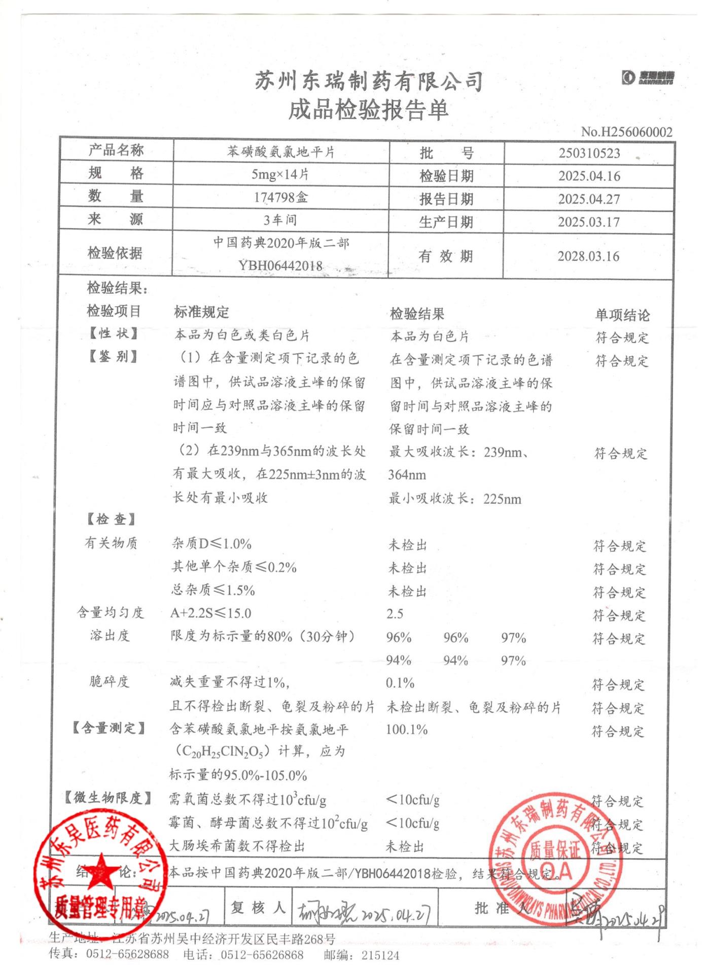 250310523苯磺酸氨氯地平片
