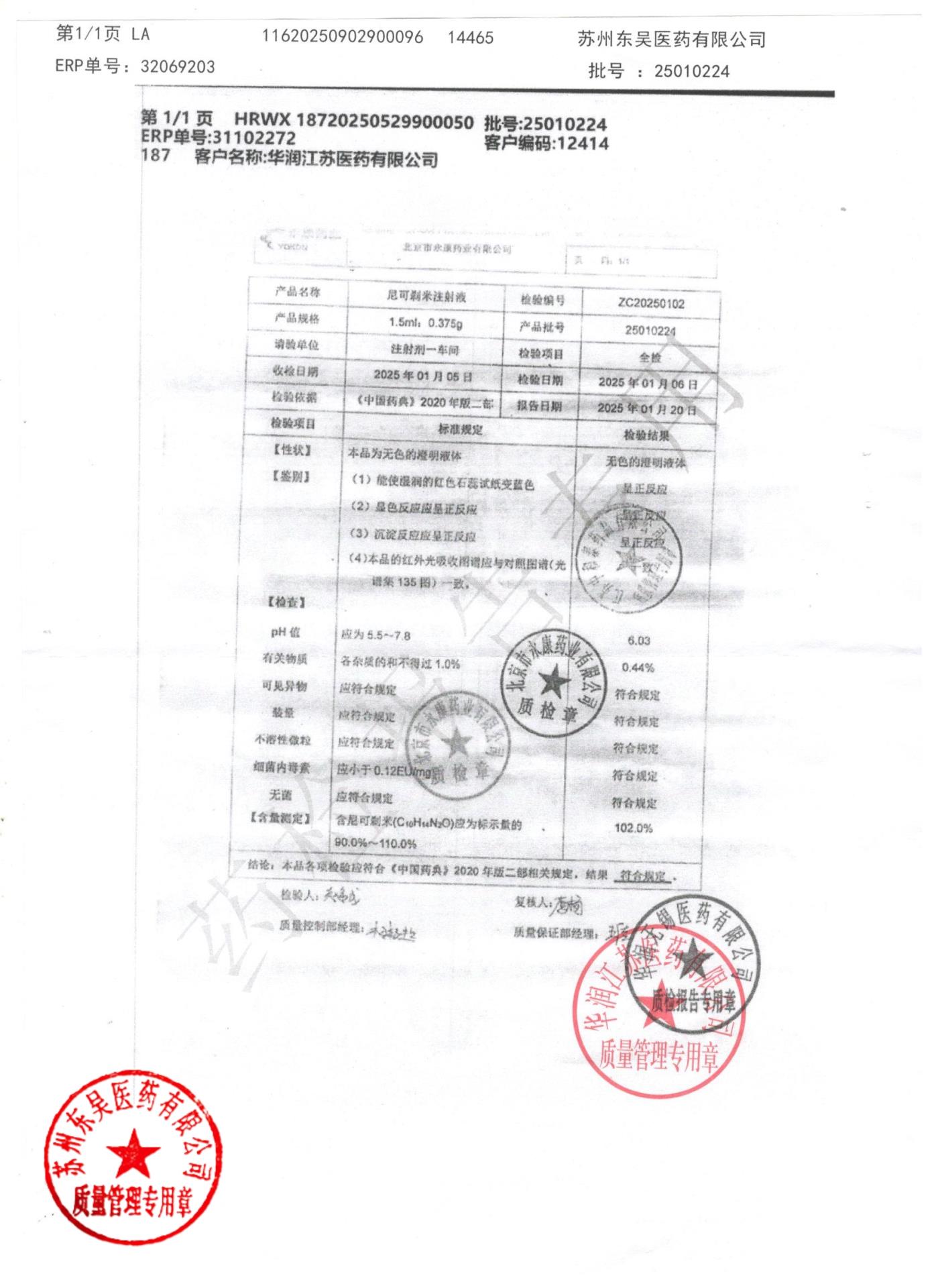 25010224尼可刹米注射液