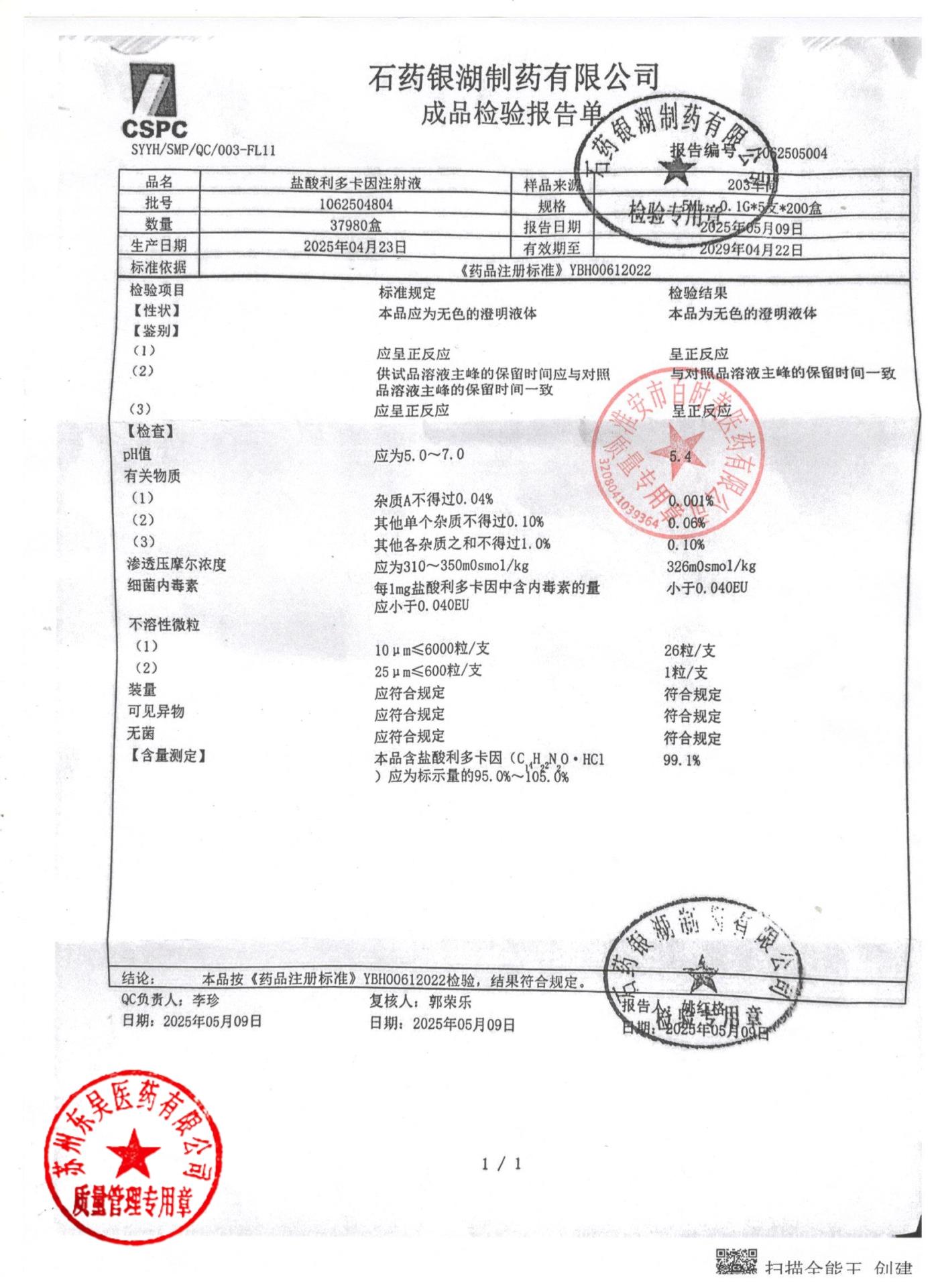 1062504804盐酸利多卡因注射液