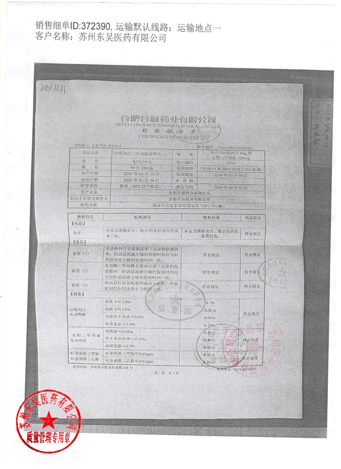 R240505B沙格列汀二甲双胍缓释片（I）1