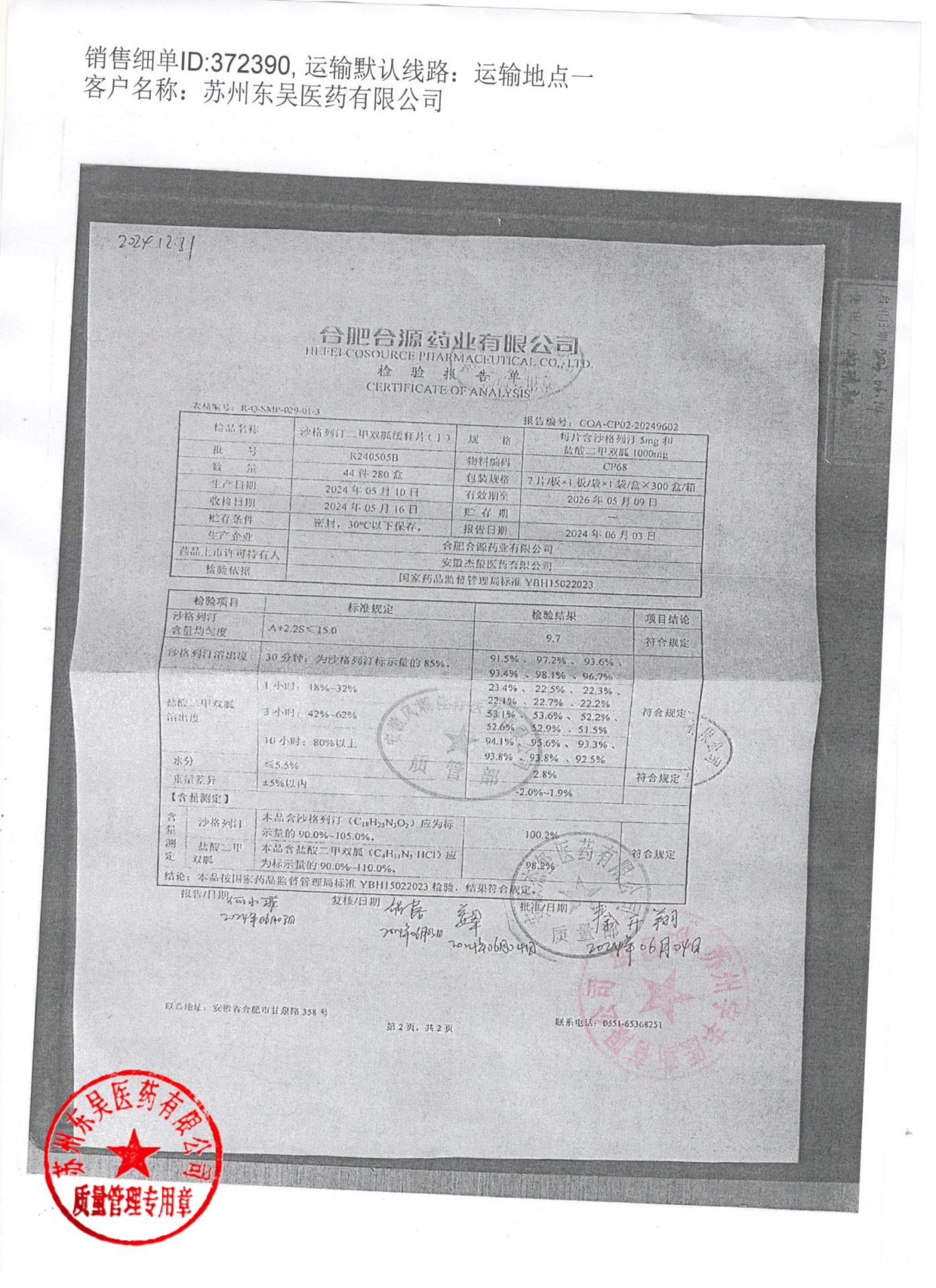 R240505B沙格列汀二甲双胍缓释片（I）2