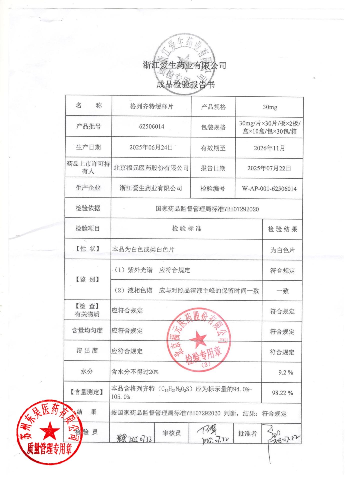 62506014格列齐特缓释片