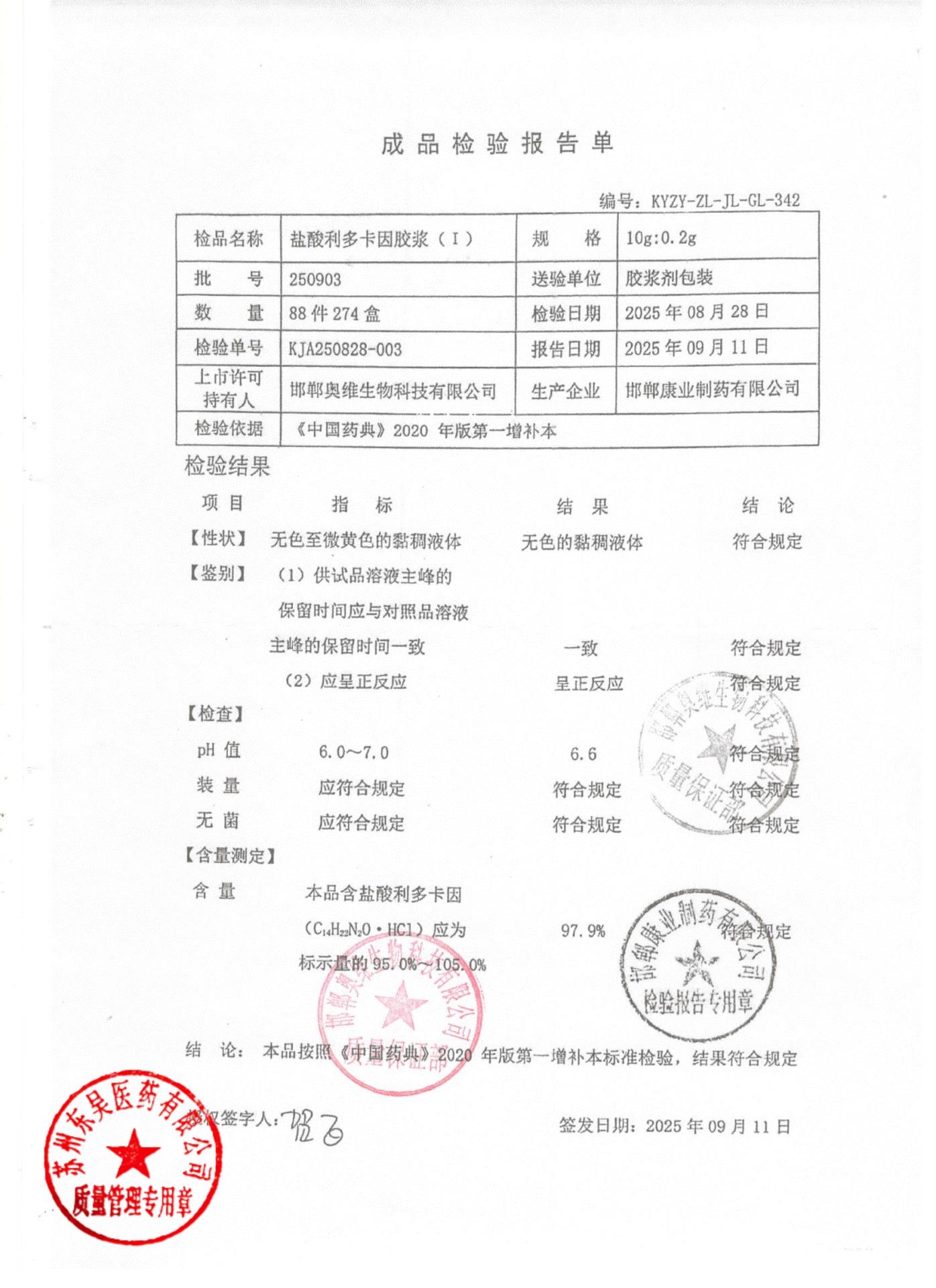 250903盐酸利多卡因胶浆