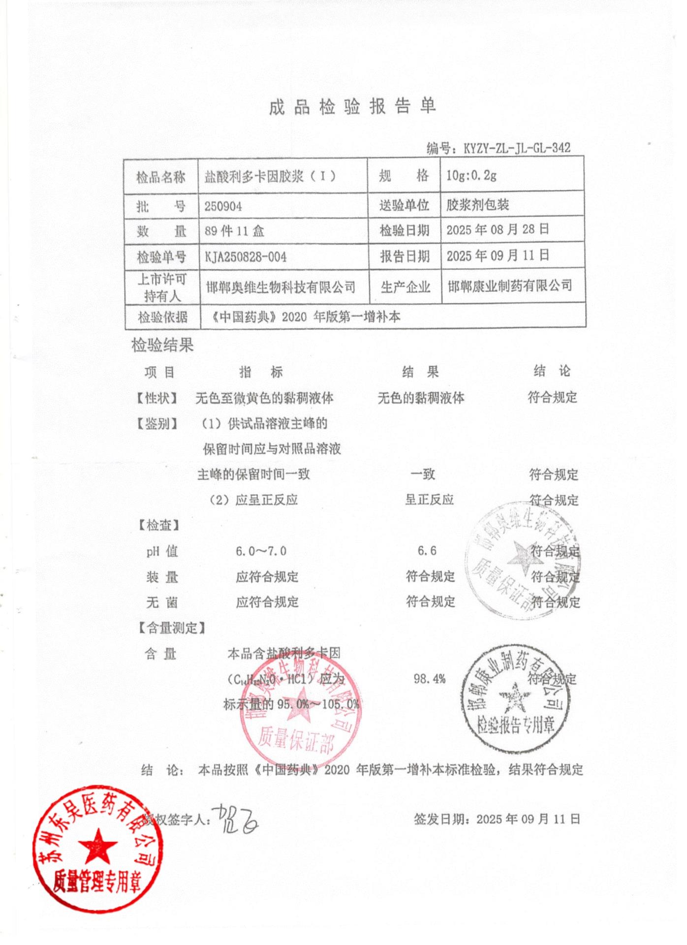 250904盐酸利多卡因胶浆