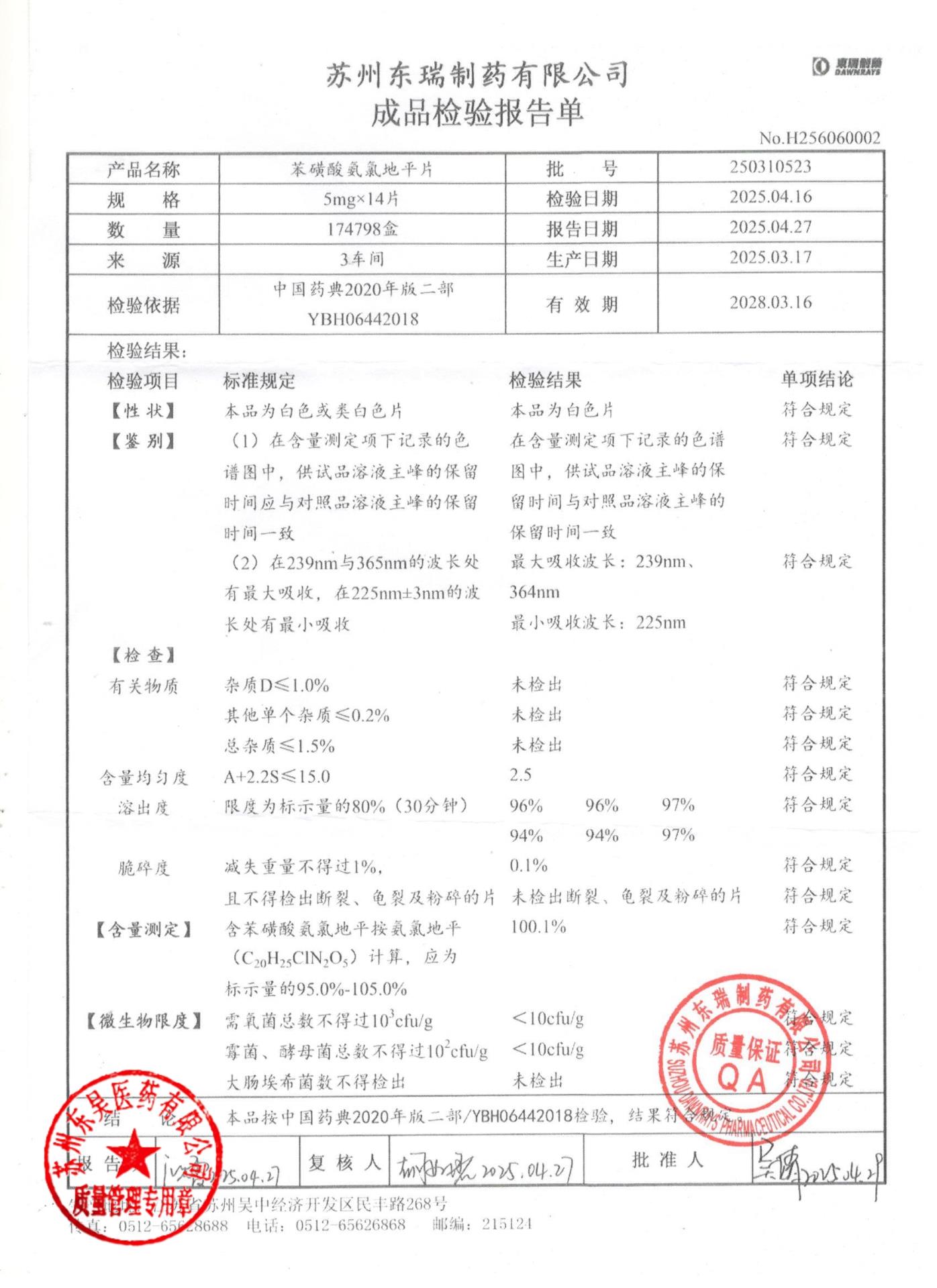 250310523苯磺酸氨氯地平片