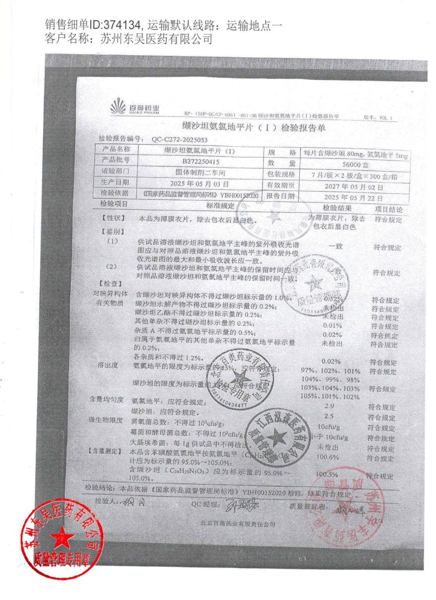 B272250415缬沙坦氨氯地平片